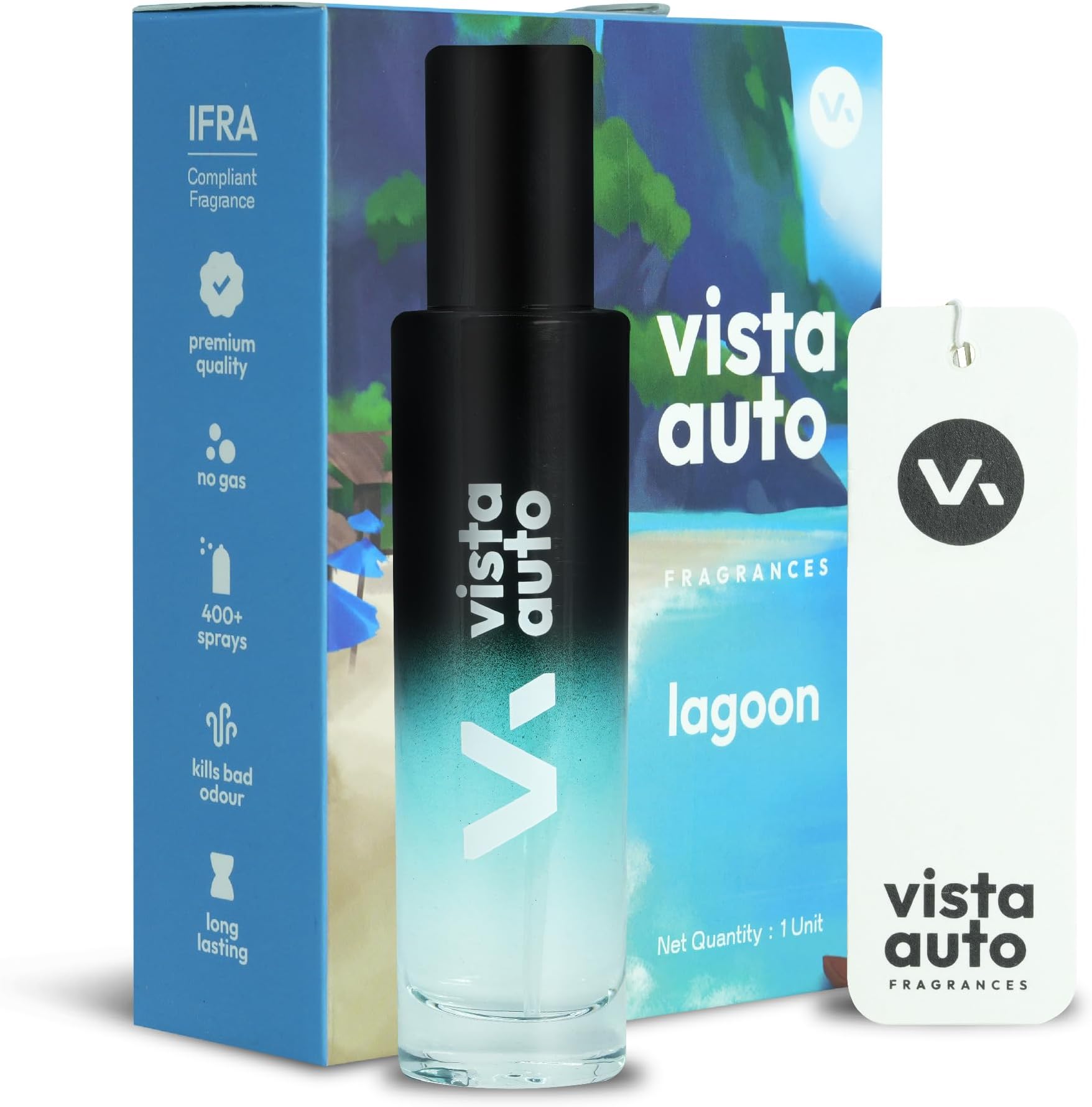 Vista Auto Care Hanging Air Freshener With 30ml Perfume Spray and 2 Hanging Boards | For Home, Living Spaces, Office, Cars, Closets, Bathrooms | 400 + Sprays (Lagoon)