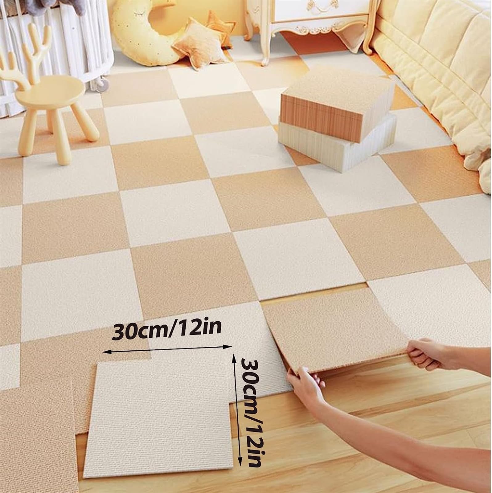 Dalles de Moquette 12x12 Pouces, Carreaux de Sol Auto-adhésifs à décoller et à Coller, Dalles de Moquette d'installation à épissure Libre, Bricolage(Rice White,9pcs)