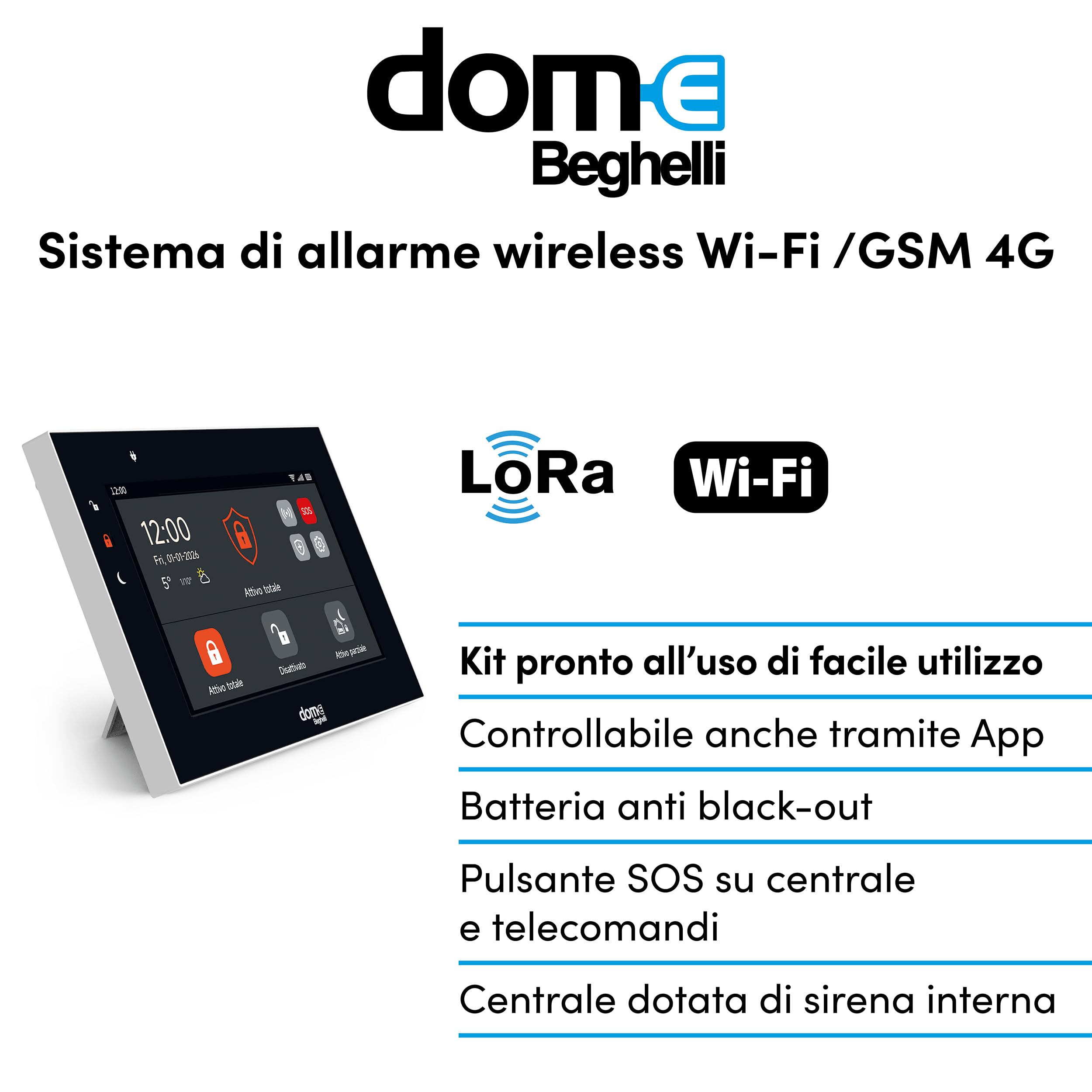 Beghelli - Kit Allarme Dom-e, Sistema Antintrusione Wireless WIFI/GSM 4G LoRa, Senza Fili, Compatibile con Alexa e Google Home, Installazione Senza Cablaggio, Pulsante SOS