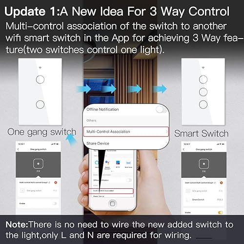 Miniatura 3 de MoesGo - Interruptor de luz inteligente de pared, panel de vidrio, control múltiple (3 vías), interruptores táctiles Wi-Fi de 2.4 GHz, requiere