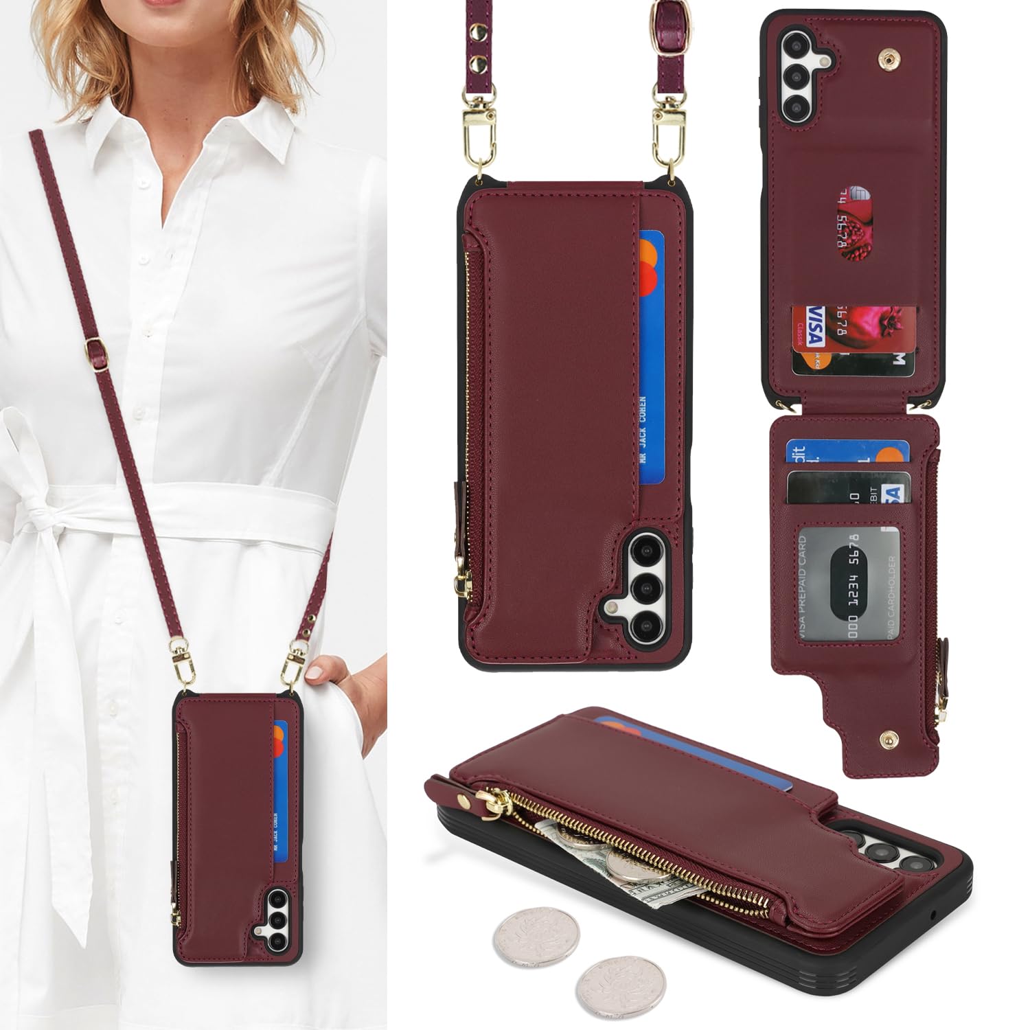 Cavor for Samsung Galaxy A13 5G Phone Case Wallet for Women, Galaxy A13 5G/A04S Crossbody Case with Strap,Leather Zipper Pocket Card Holder Cover-Wine