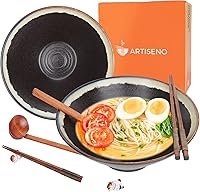 Vista 1 de ARTISENO Juego de cuencos de cerámica para ramen, 2 juegos de tazones de ramen japonés de 60 onzas con palillos y cucharas, cuenco de fideos