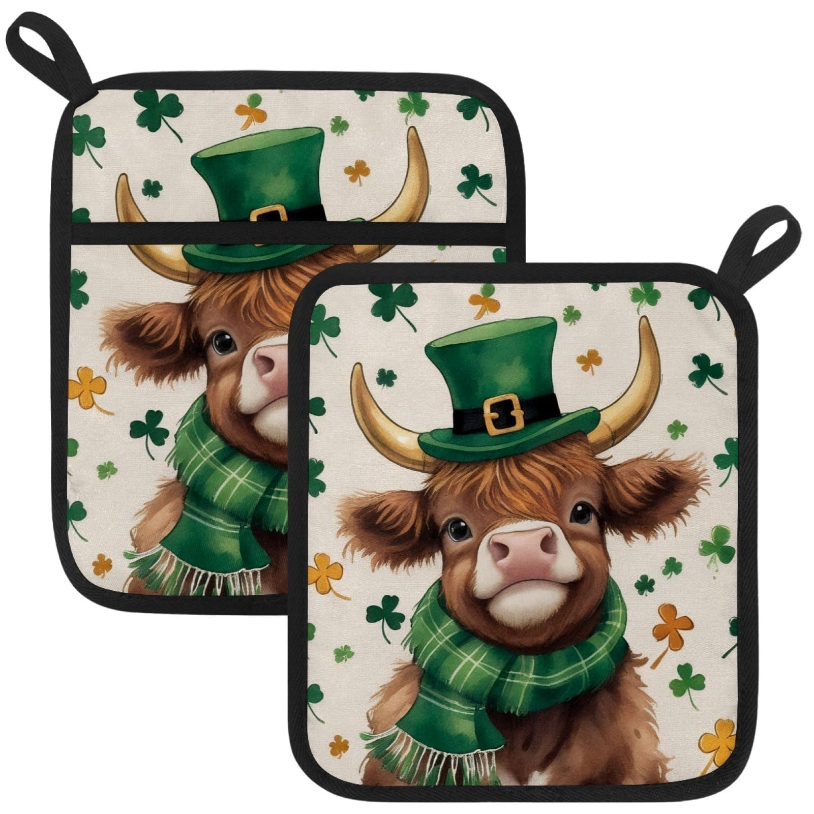 VAPOKF St. Patrick's Day Cows Heat Resistant Pot Holders, Thick Pot Holders Pad with Hanging Loop for Kitchen, Oven Cloth Pads for Kitchen Baking Microwave Oven