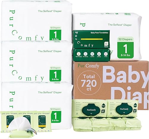 PurComfy Baby Diapers Essential Kit, 4 Pack Size 1 Diapers (208 Ct), 6 Baby Wipes (360Ct), 4 Travel Wipes (32Ct) and 2 Dry Wipes (120Ct), All-in-One Newborn Essentials Kit, Total 720 Ct