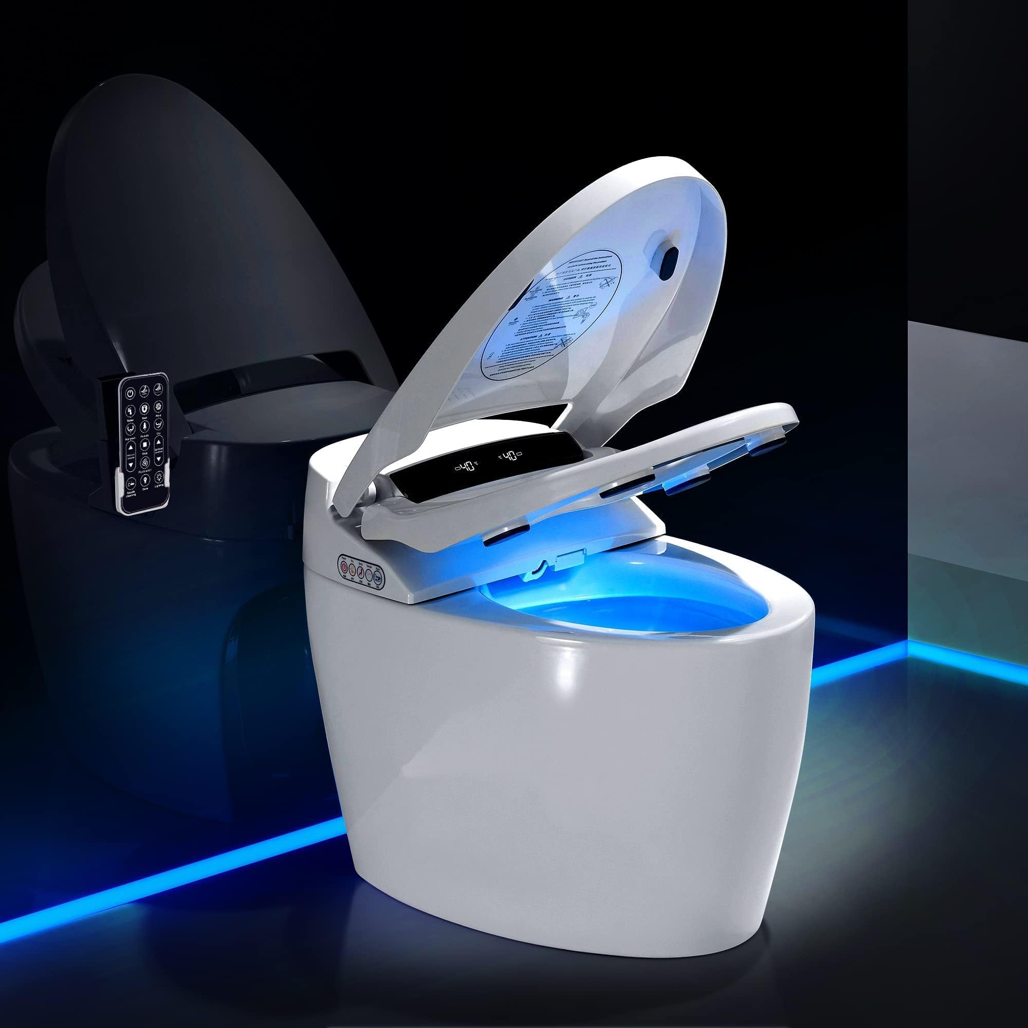 One piece smart toilet for bathroom, toilet with sprayer and hot water dryer, foot sensor operation, heated bidet seat, automatic smart toilet with