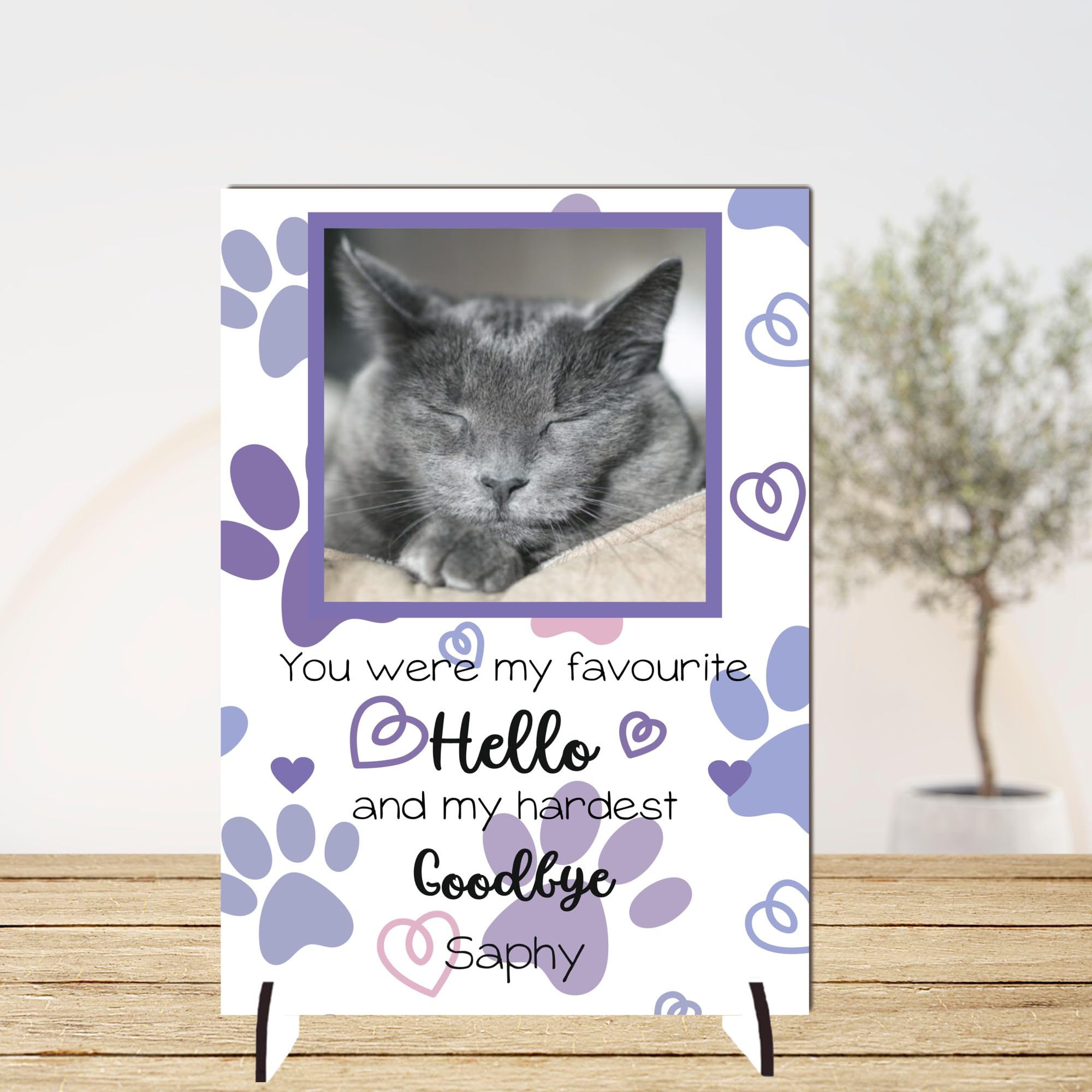 Personalised Pet Bereavement Photo Plaque - "Favourite Hello Hardest Goodbye" Custom Memorial, Available in MDF or Acrylic, Size 148mm x 210mm (Mdf Wood 21cm x 15cm, Purple)