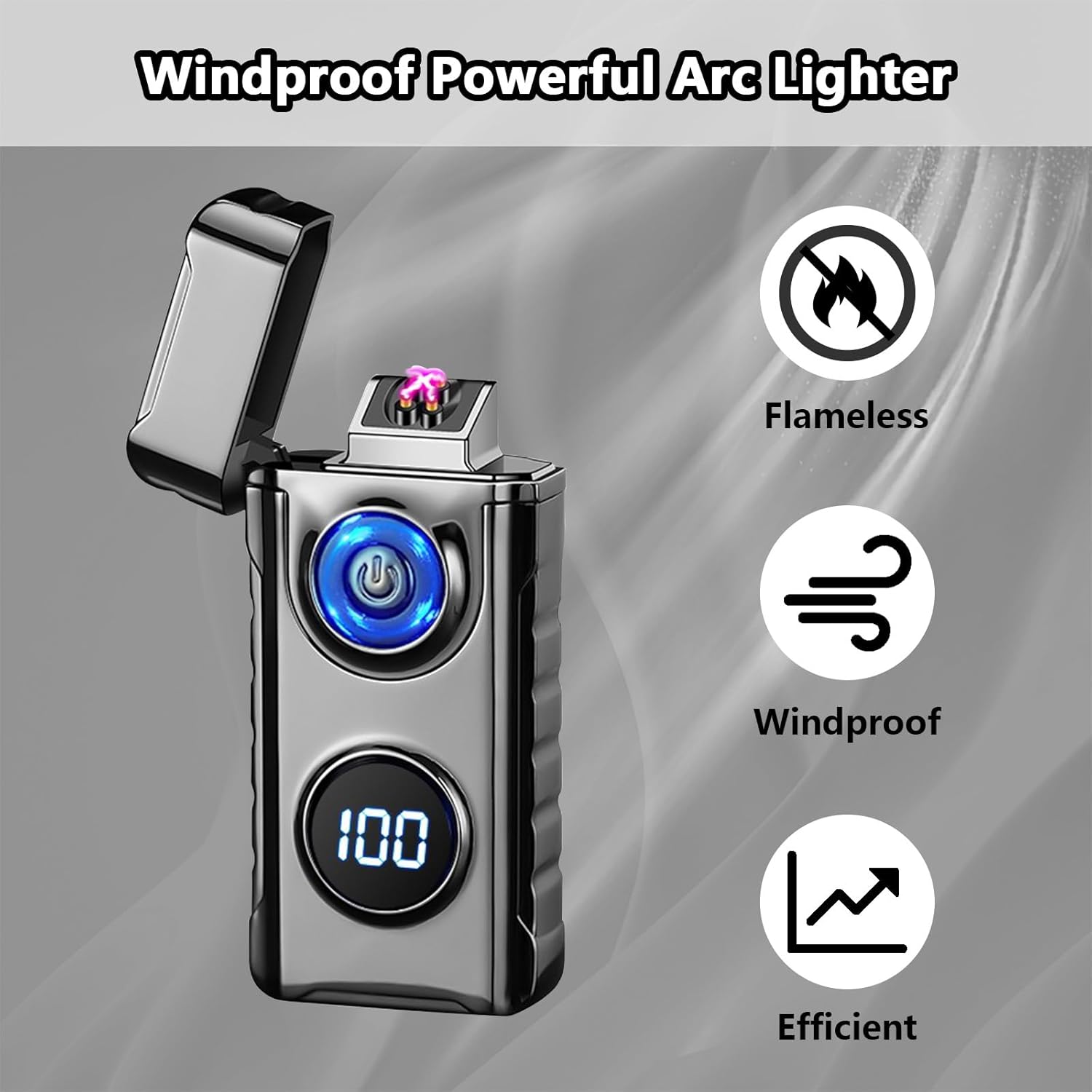 Electric Lighter Dual Plasma Lighter Windproof Cool Lighters Arc Metal Flameless Lighters with LED Display for Aroma Candle,Camping(Blue)