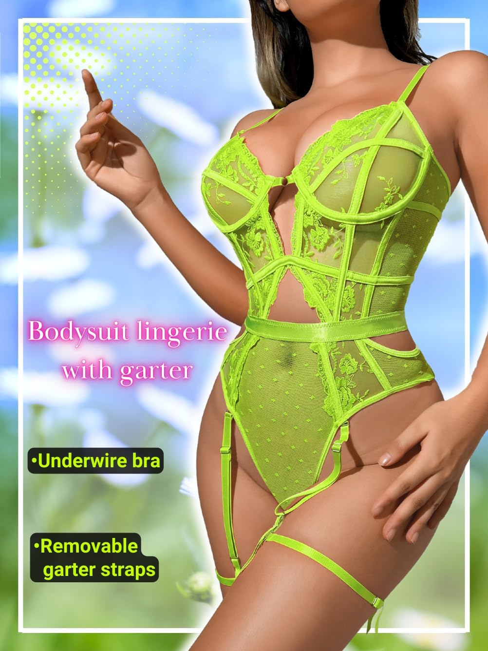 Kaei&Shi Floral Embroidered, Underwire, Removable Garter, Thigh Straps, Backless Bodysuit - Image 2