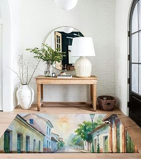Quiet Empty Street Colonial Trinidad Cuba Watercolor Painting 3x5 Rug Throw Rugs Entryway Indoor Front Door Mat Non Slip Bedside Area Rug for Bedroom Aesthetic Kitchen Carpet Machine Washable