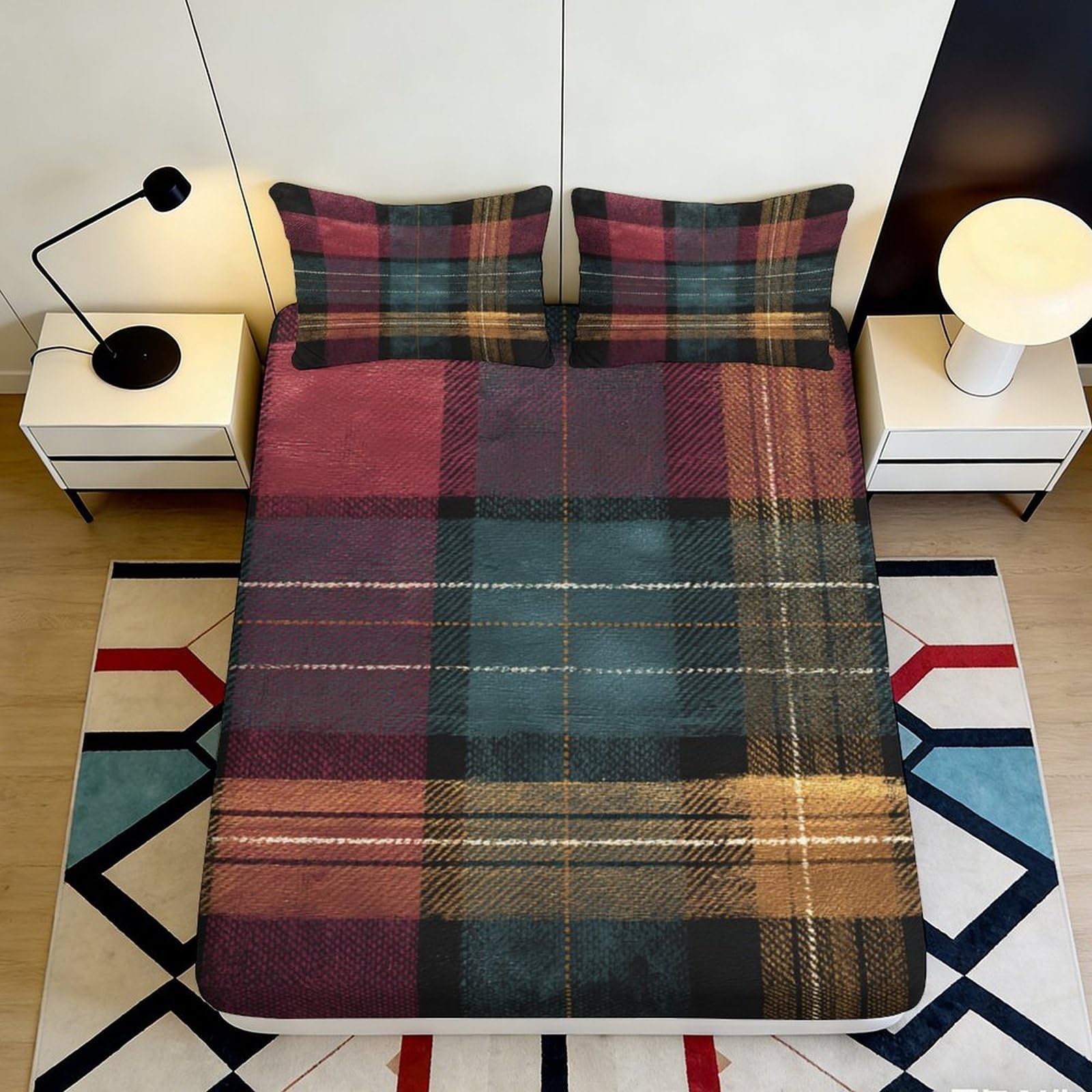 3D Printed Tartan Plaid Fitted Sheet Microfiber Soft Multicolour Vintage Check Bed Sheet for Bedroom Guestroom Dorm 160x200x25cm