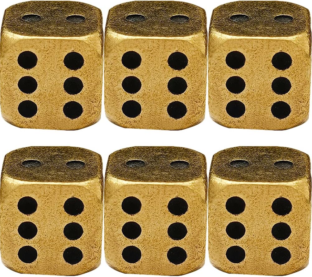 LOGOFUN 6pcs Solid Brass Dice Metal Dice Tables Board Game Props Small Craft Party Supply 1.10X1.10X1.10cm/0.43X0.43X0.43in