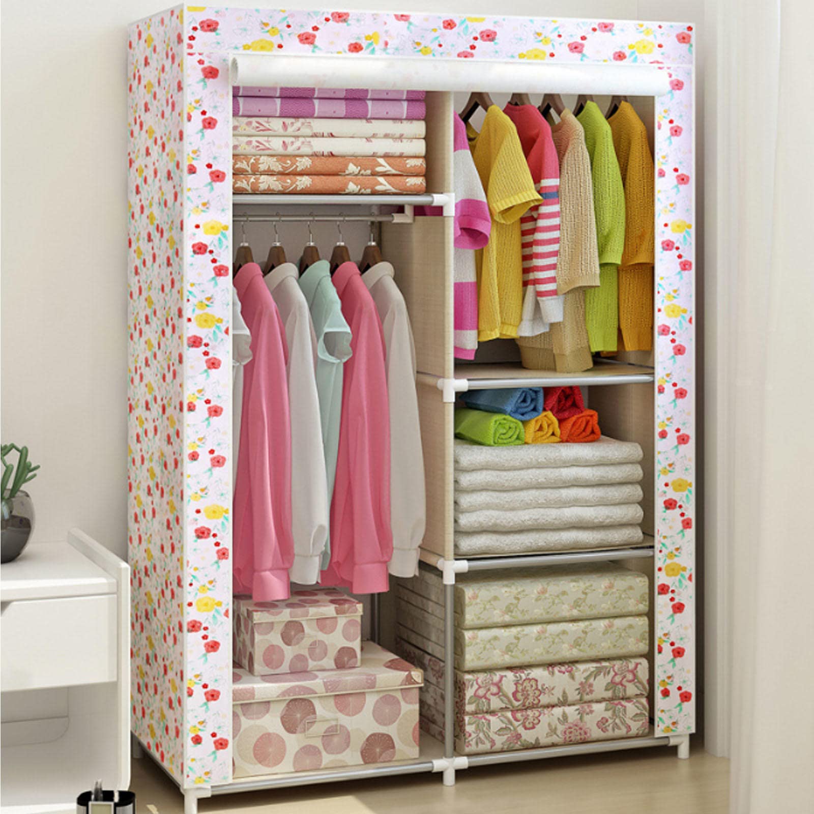 Tragbare Kleiderschrankregale, Canvas-Kleiderschrank mit Kleiderstange, Regale, Kleiderschrank-Aufbewahrungsorganisator für Schlafzimmer, Wohnzimmer, Farbe: 88 x 45 x 166 cm