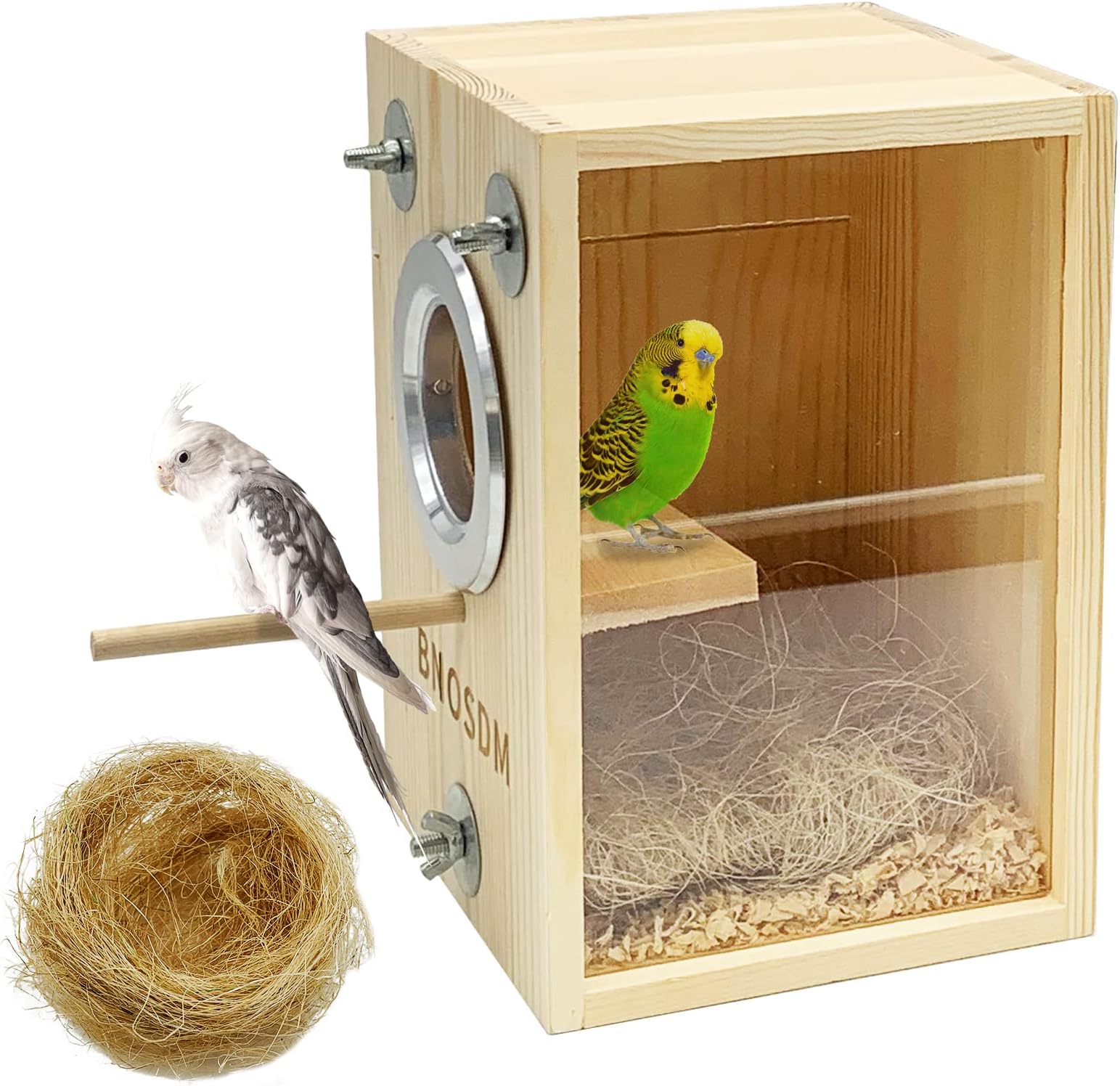 BNOSDM Parakeet Nesting Box, Transparent Wooden Bird Breeding Nest Boxes Bird Cage House with Coconut Fiber for Small Conure Lovebirds Finch Parrot Canary Mating