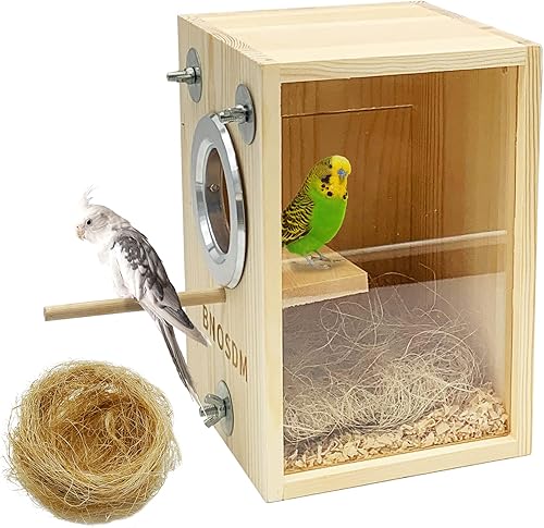 Miniatura 9 de BNOSDM Caja nido de periquitos transparente para cría de pájaros, caja nido de madera natural para pájaros con fibra de coco para tortolitos conure
