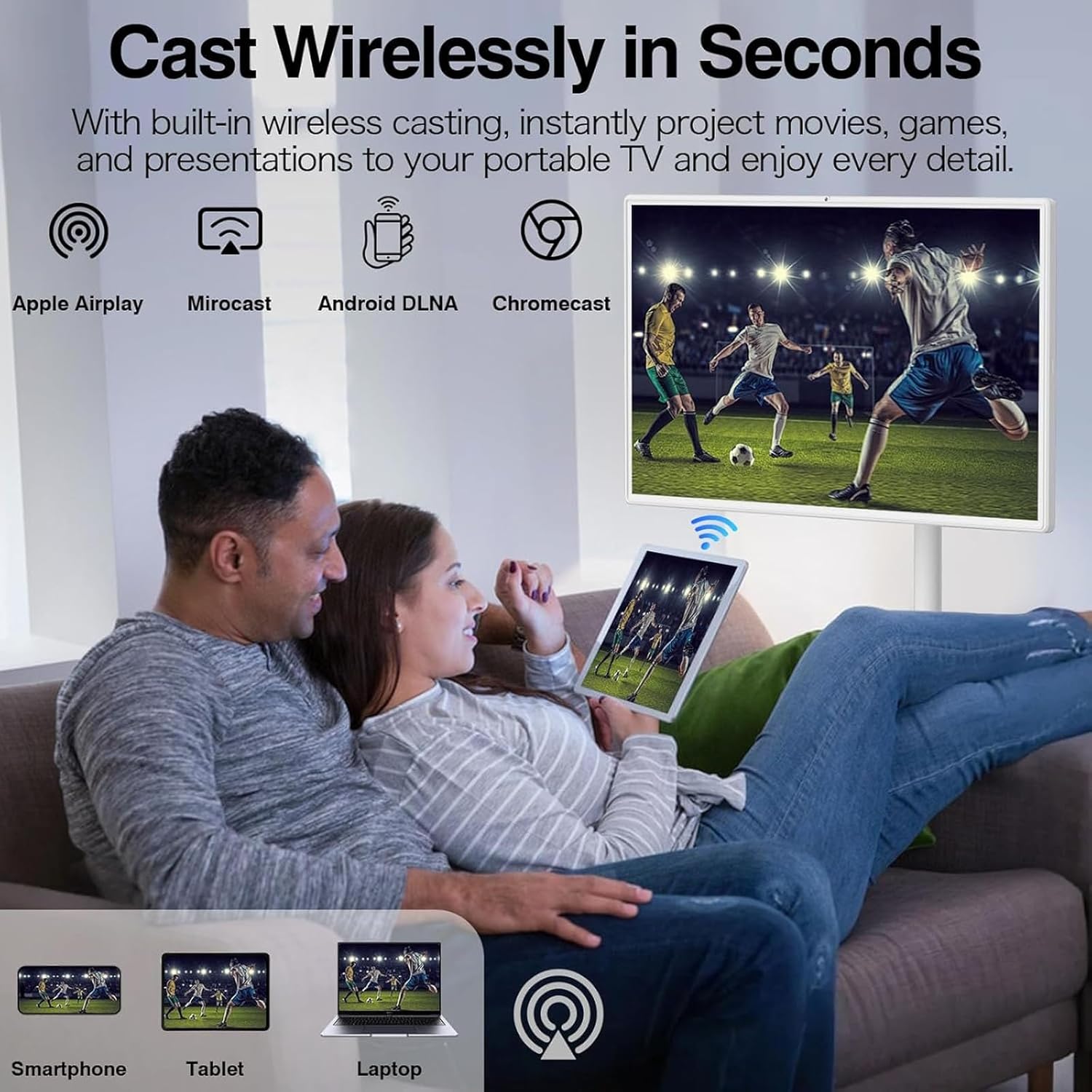 Wireless Portable Smart TV with Touch Screen, 21.5” Android Display, 10400mah Battery, Rolling TV on Wheels for Home Gym, Classroom & Entertainment(4+64GB)