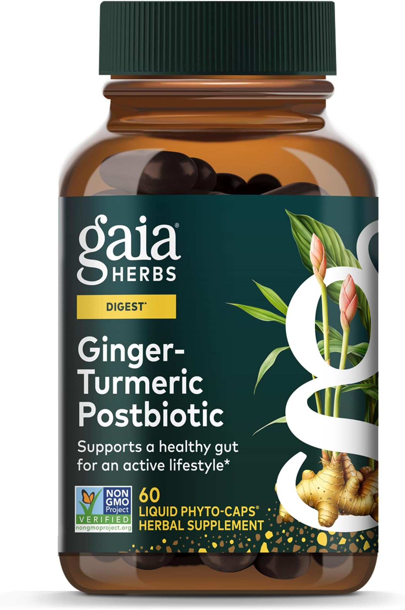 Gaia Herbs Ginger-Turmeric Postbiotic - Healthy Gut Support* - 60 Vegan Liquid Phyto-Caps (30 Servings)