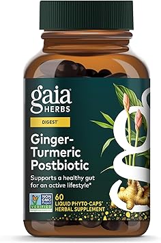 Gaia Herbs Ginger-Turmeric Postbiotic - Healthy Gut Support* - 60 Vegan Liquid Phyto-Caps 30 Servings