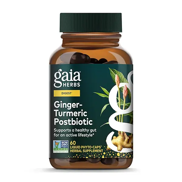 Gaia Herbs Ginger-Turmeric Postbiotic - Healthy Gut Support* - 60 Vegan Liquid Phyto-Caps (30 Servings) 1
