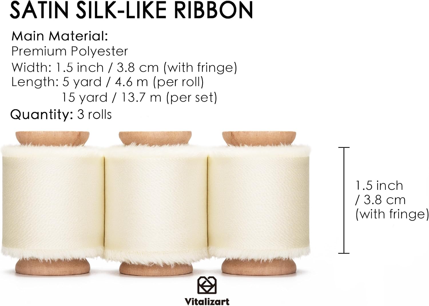 Vitalizart White Silk Satin Ribbon 1-1/2 inch x 15 Ivory Handmade Frayed Ribbons for Gift Wrapping Baby Shower Wedding Bridal Bouquets Holiday Decor Cream