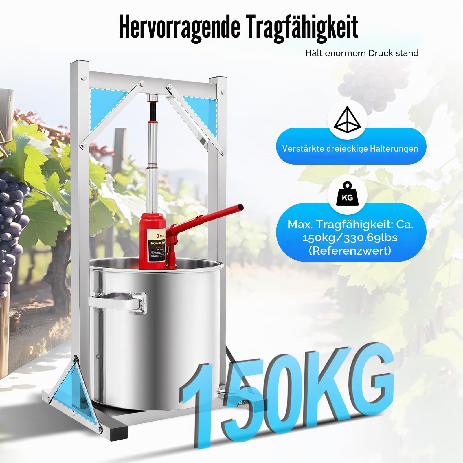 Obstpresse hydraulisch 22L 3T 304 Edelstahl Saftpresse manuell Fruchtpresse | Mostpresse Freistehend mit 5mm Druckplatte und Halterung für frischen Saft, Most und Wein im Haushalt(150kg Ｍax)