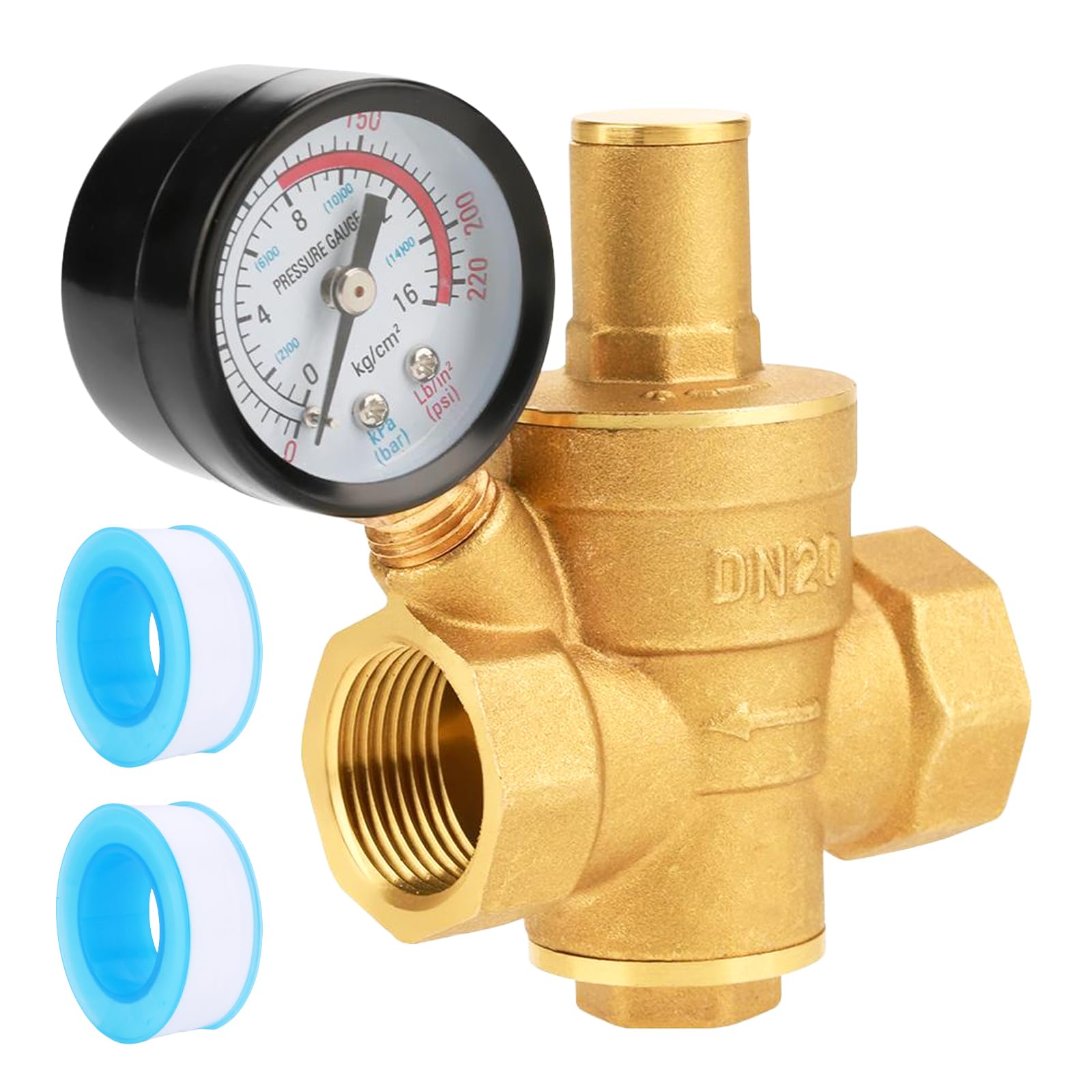 Messing Wasserdruckminderer DN20 1/2 Zoll - Einstellbarer Druckregler Mit Manometer