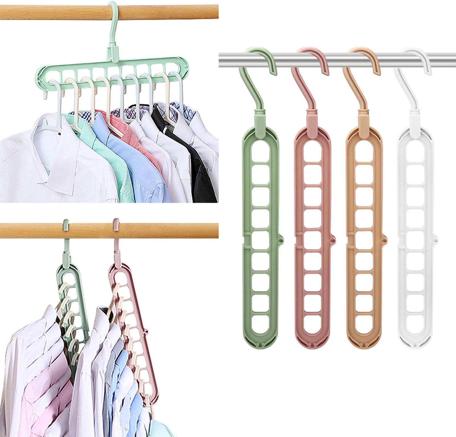 Space Saving Cascading Clothes Hangers, 4 Pack, Polypropylene, Heavy Duty, White, Pink, Light Gray, Green