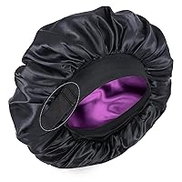 Vista 7 de Gorro de seda para dormir de doble capa de satén ajustable para mujeres negras, gorro de dormir reversible para cabello rizado (negro)