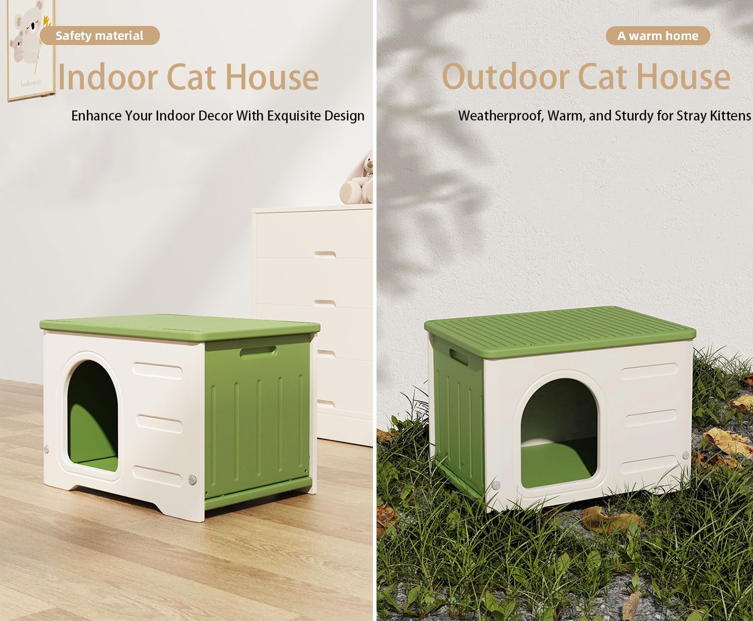 Kunststof kattenhuis voor binnen en buiten, winterbestendig, stapelbaar, voor binnen en buiten, geïsoleerd, weerbestendig, waterdicht, groen
