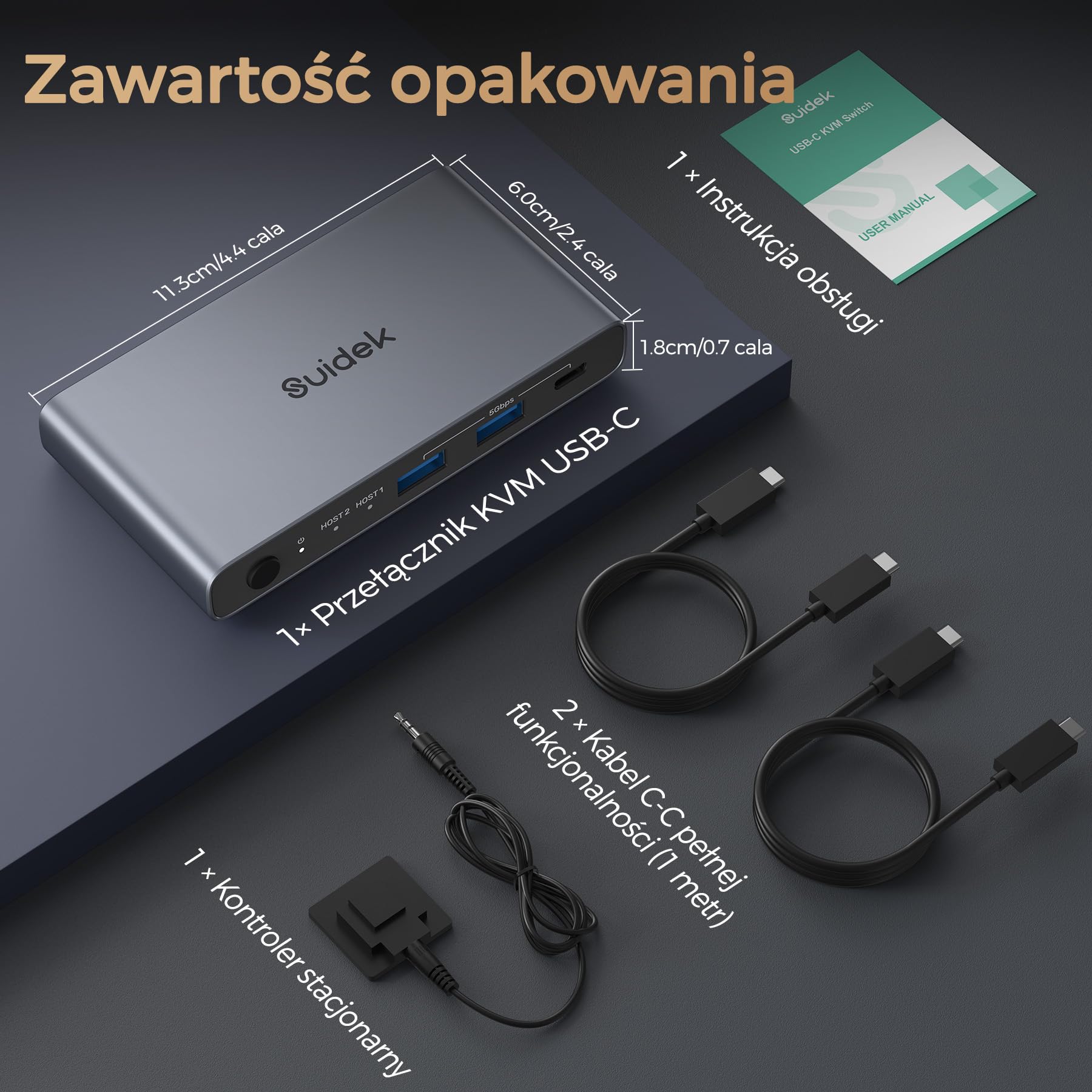SUIDEK Przełącznik USB C KVM 2 w 1, wyjście 4K 60 Hz, aluminium z 3 portami USB 3.0, na 2 laptopy, 1 monitor, klawiaturę, mysz i drukarkę, z kablem USB/kontrolerem, obsługuje ładowanie do 100 W