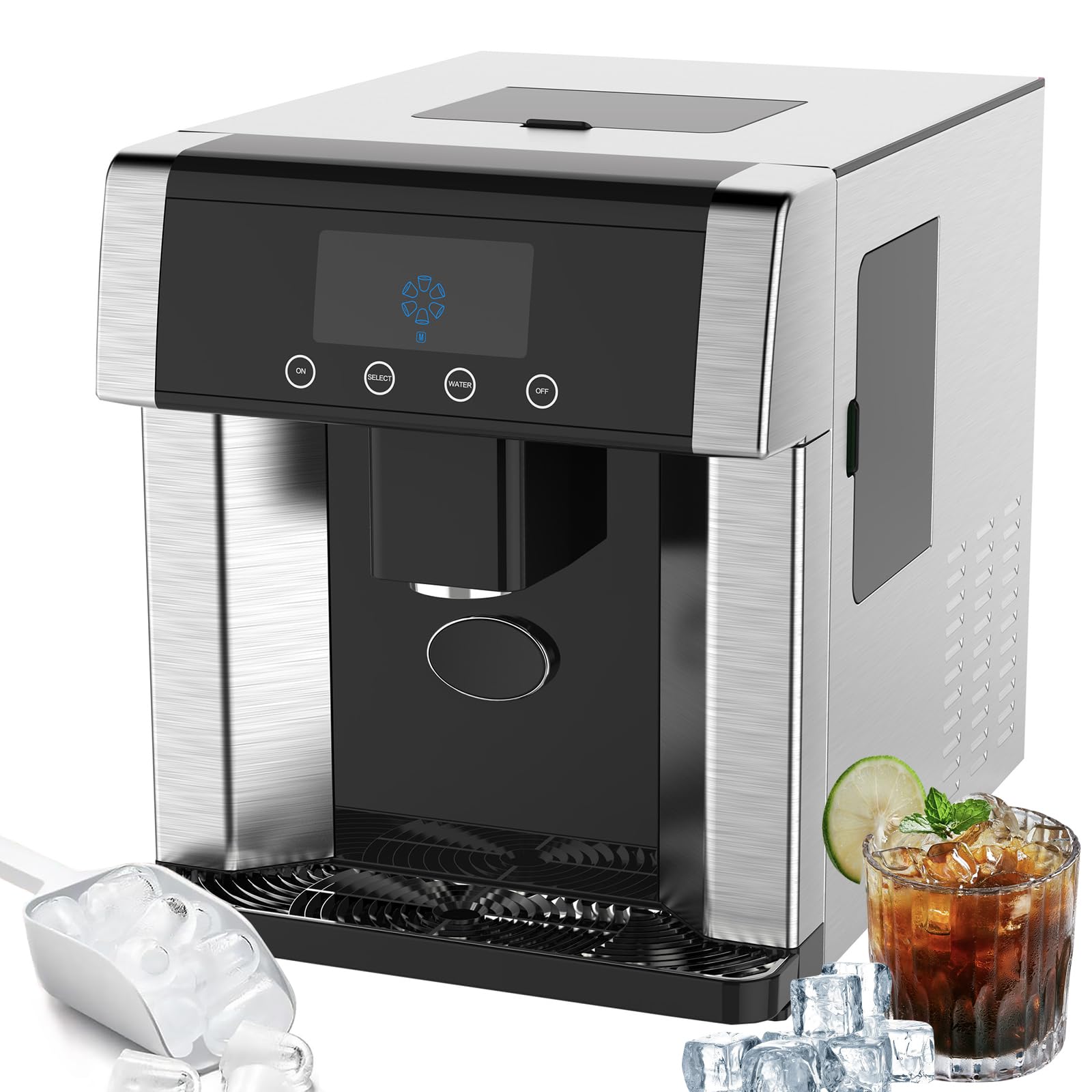 Máquina de Hielo y Dispensador de Agua 2 en 1 – 15kg/33lbs en 24h, 3 Tamaños de Cubitos, Doble Entrada de Agua, Pantalla LCD Autolimpiante, Máquina de Encimera para Hogar, Oficina, Bar