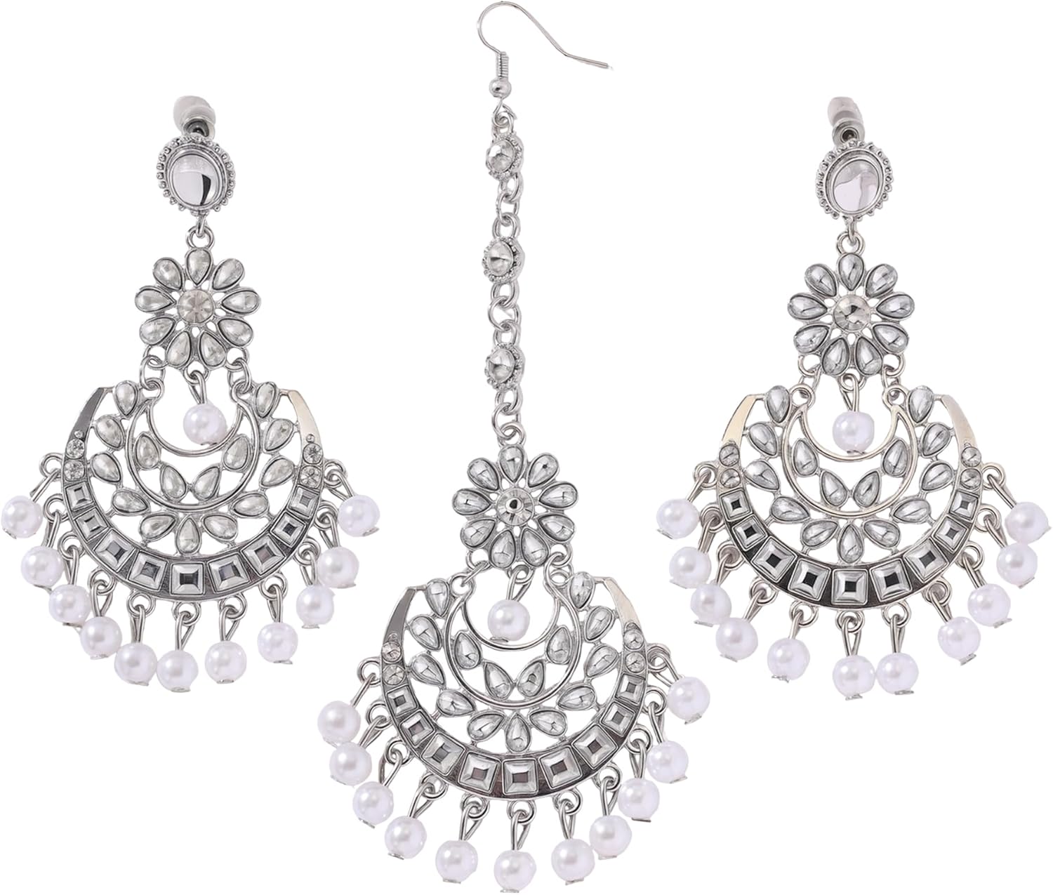 Maang Tikka with Indian Jhumka Earrings Gold Kundan Hair Chain,Bollywood Style Devsen Faux Pearl Gold Plated Temple Jewelry Set for Women, Grand Festival Wedding Earrings(Sliver)