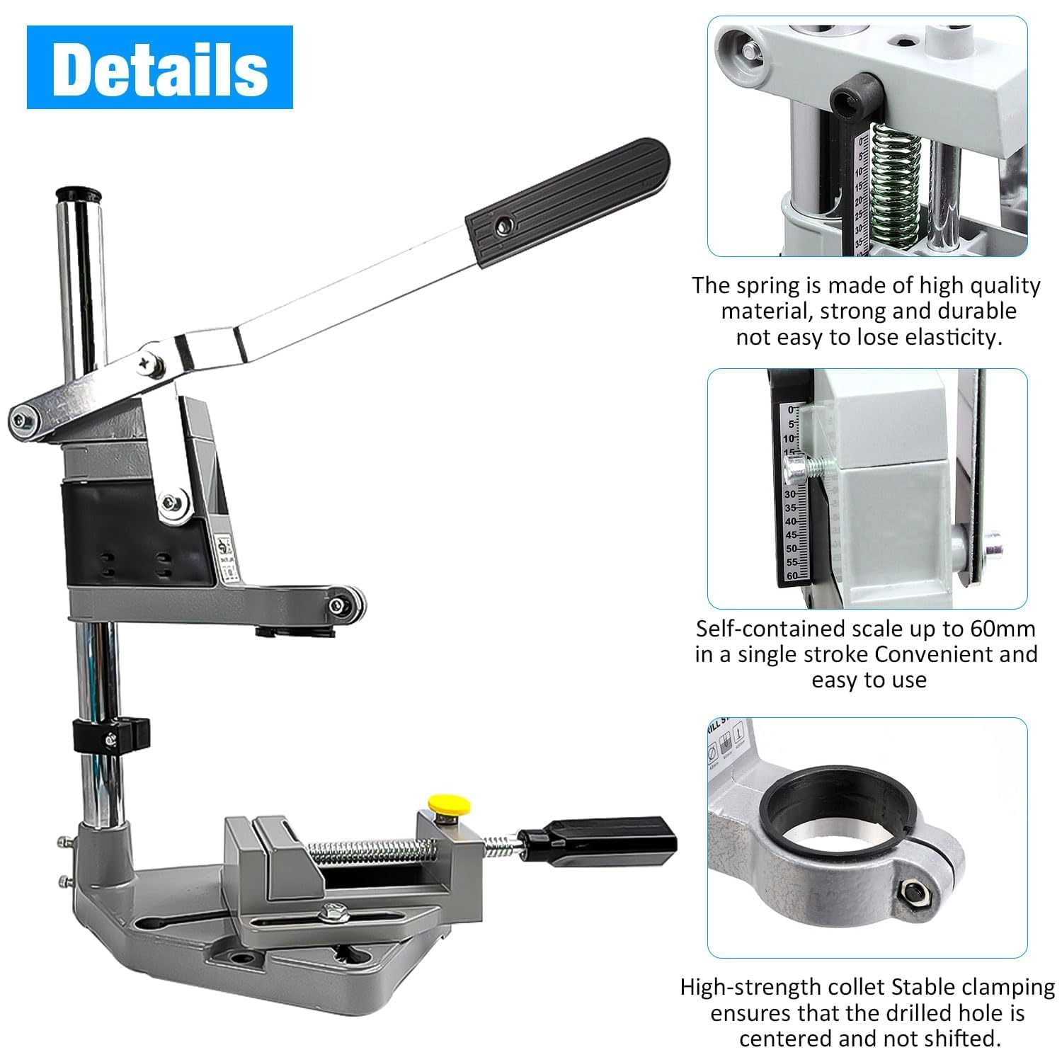 Colonne de support de Perceuse Réglable avec Mâchoires Plates, Support à Outils Robuste pour Perceuse - Diamètre de Serrage de 43 mm pour un Perçage Précis