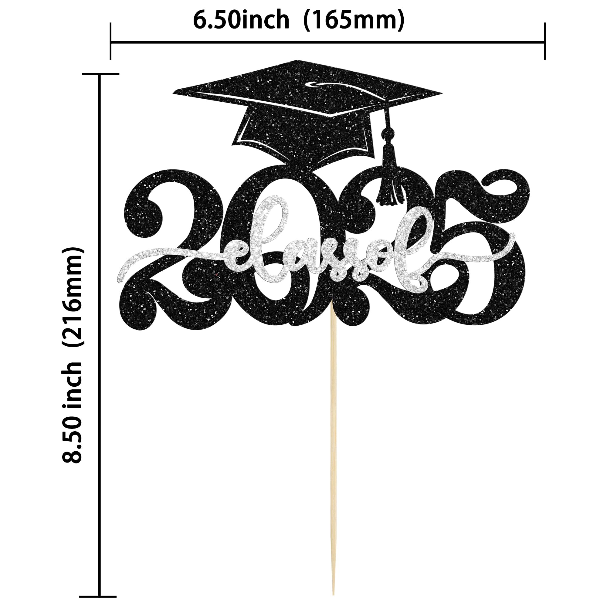 Gyufise 1Pcs 2026 Graduation Cake Topper Glitter Congrats Grad Cap Class of 2026 Cake Pick for 2026 Graduation Theme High School Boys Girls Graduate Party Cake Decorations Supplies Silver - Image 2