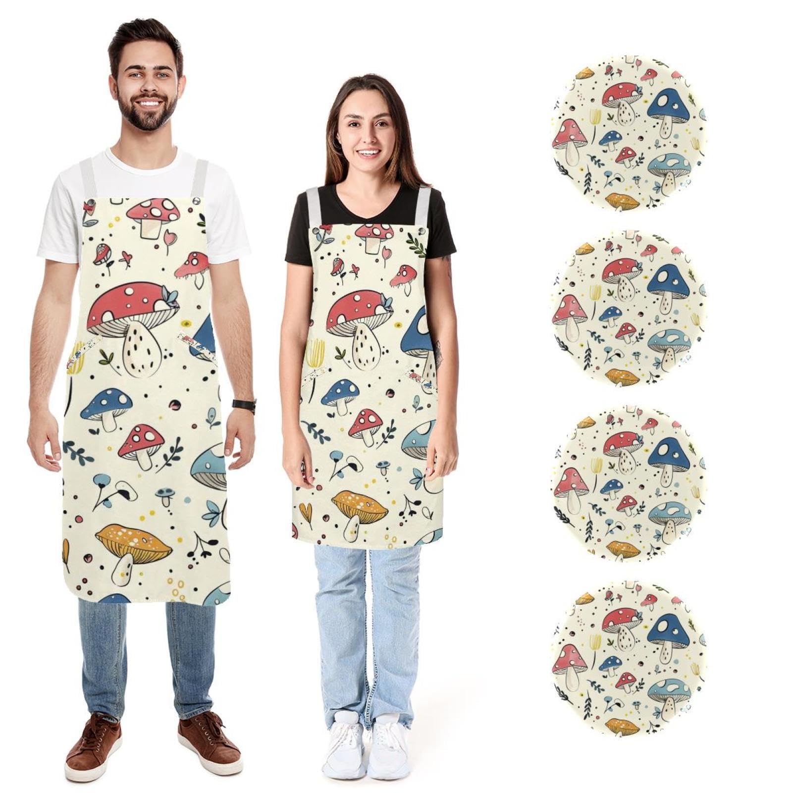 Lot de 2 tabliers de cuisine doux et réglables avec 2 grandes poches pour homme et femme Motif champignons colorés, Champignons colorés mignons, L:26.2x34.6in/66.5x88cm;M:26.2x26.6in/66.5x67.5cm