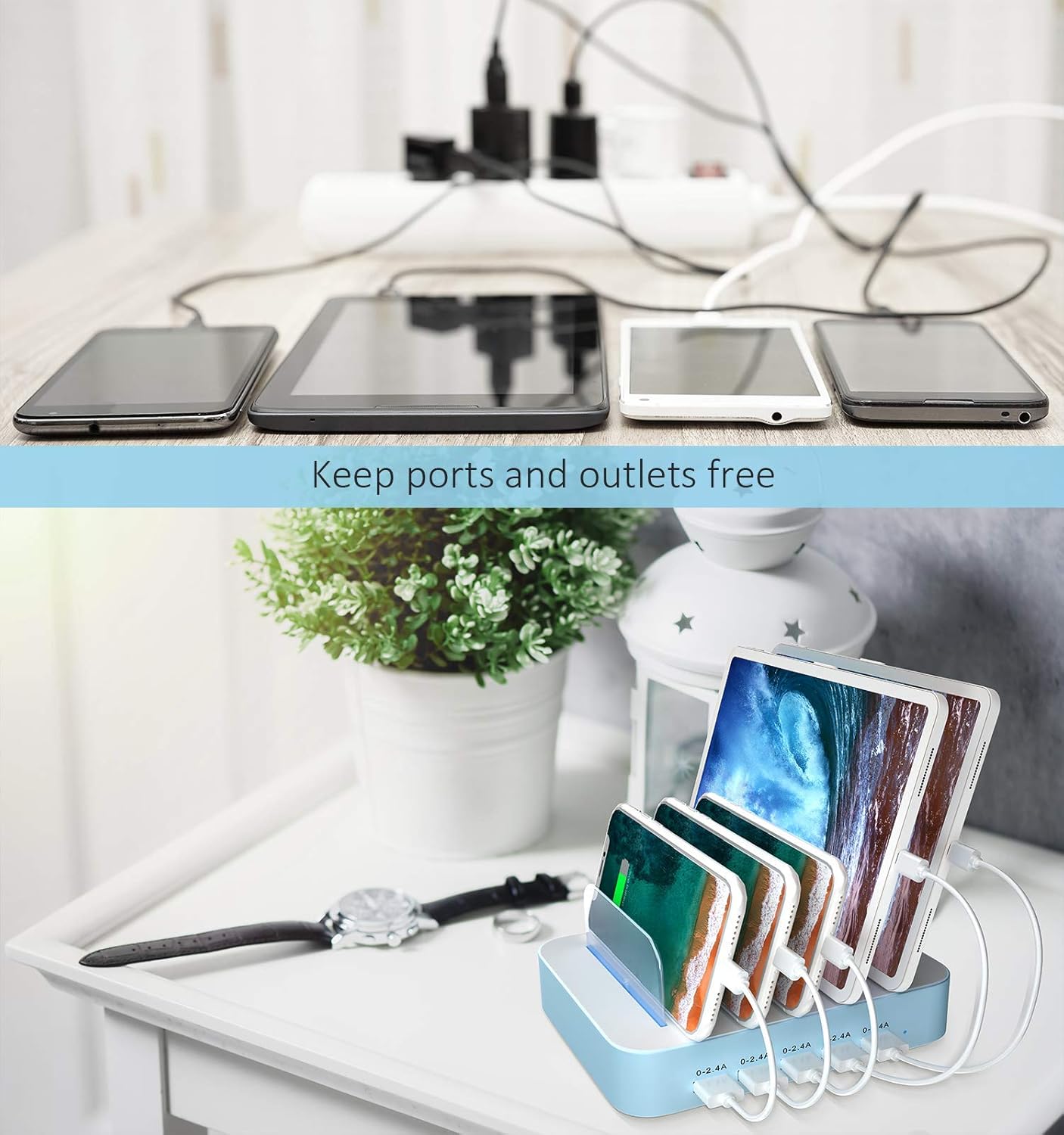 Charging Station for Multiple Devices, 5 Port USB Charging Station with 7 Short Mixed Cables, Compatible with iPhone, iPad, Cell Phone, Tablets, and Other Electronics, Blue : Cell Phones & Accessories