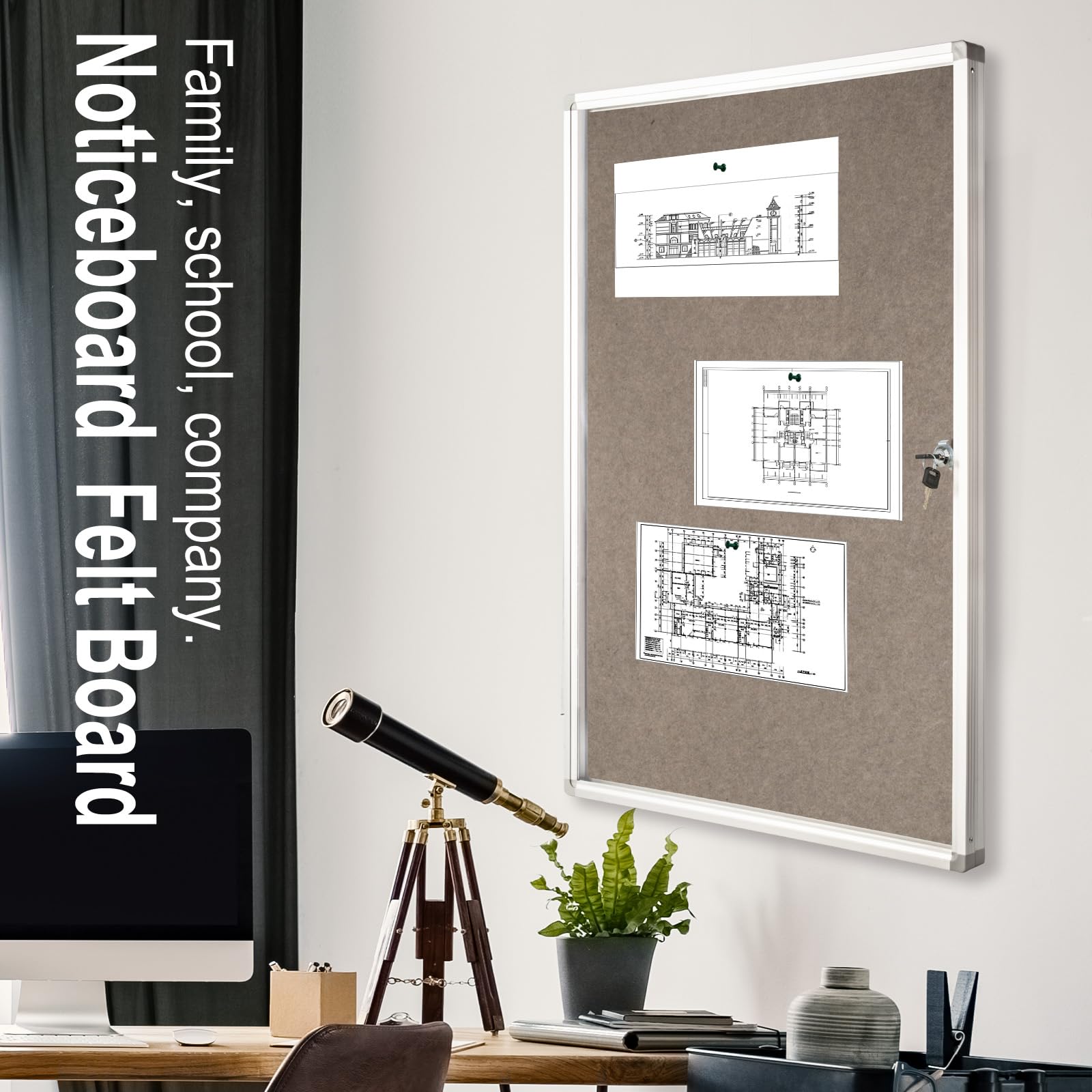 BIBOC Enclosed Felt Bulletin Board 36x24 inch Lockable Cork Noticeboard Display Cases Tamperproof Notice Poster Memo Board with Class Aluminum Frame (