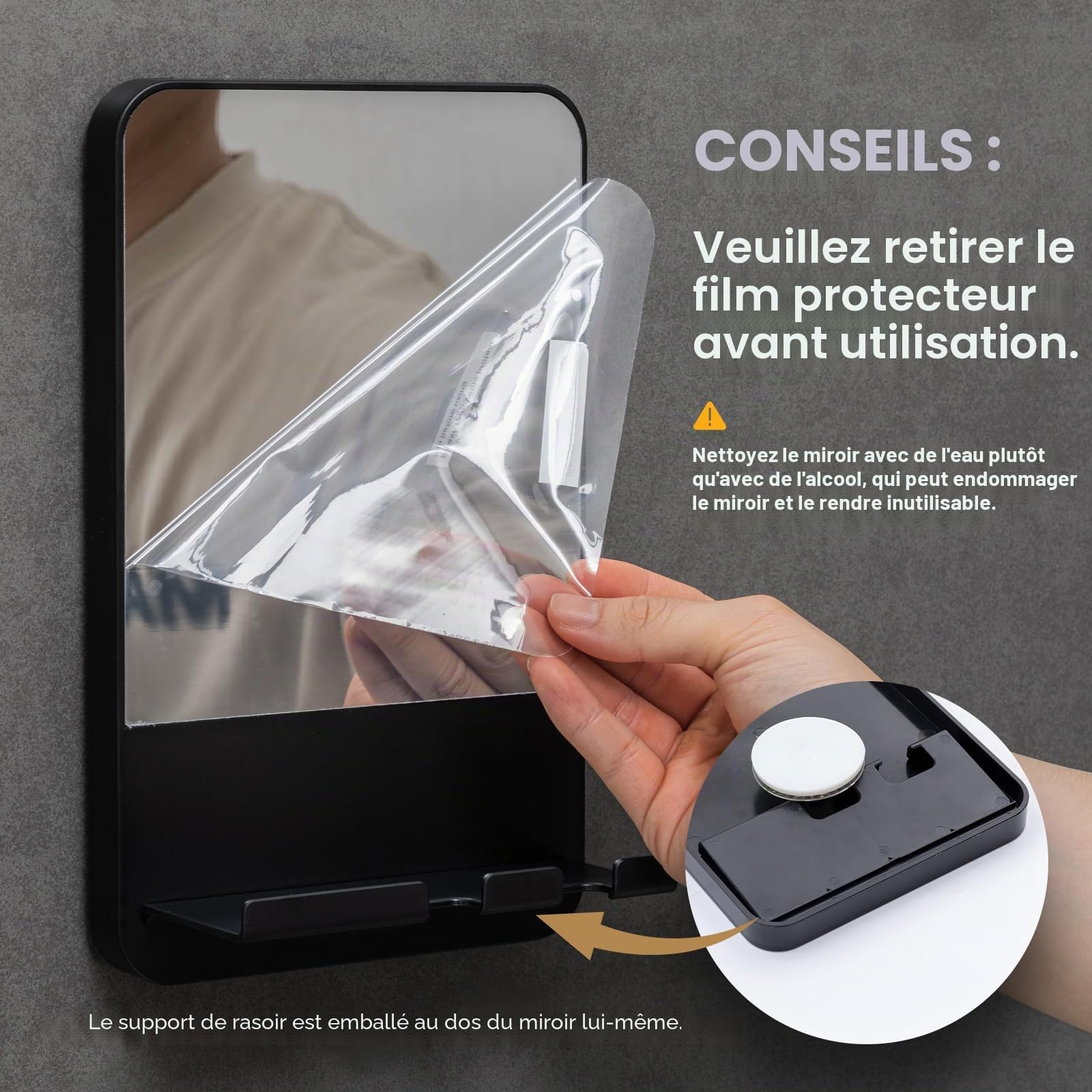 Miroir de Douche Antibuée sans Perçage avec Maintien du Rasoir, Noir