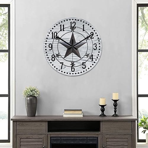 Miniatura 6 de Reloj de pared retro con estrella de Texas del oeste, reloj de madera antigua, sin tictac, silencioso, funciona con pilas, con números grandes,