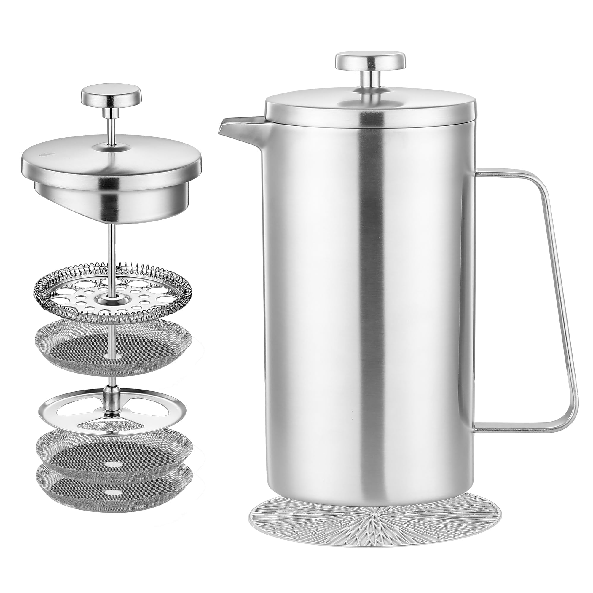 Misichao Petite cafetière à piston 2 tasses Argenté 350 ml | Cafetière isotherme en acier inoxydable avec système de filtration à 3 niveaux, cafetière manuelle
