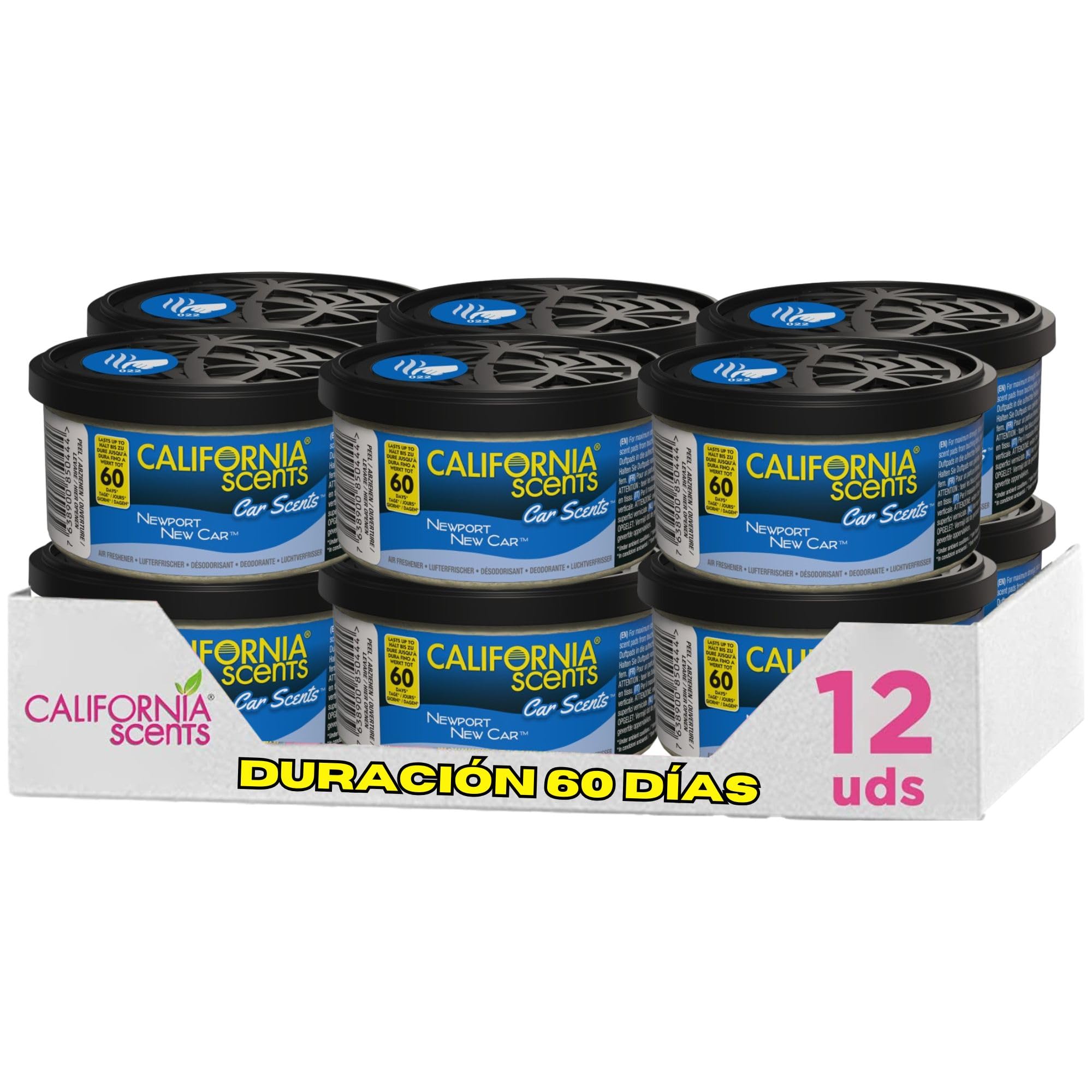 California Scents Ambientador de Coche con Fragancia, Olor y Esencias a Newport New Car, Olor a Aroma de Coche Nuevo, Pack de 12 Latas, 1 Unidad (Paquete de 12)