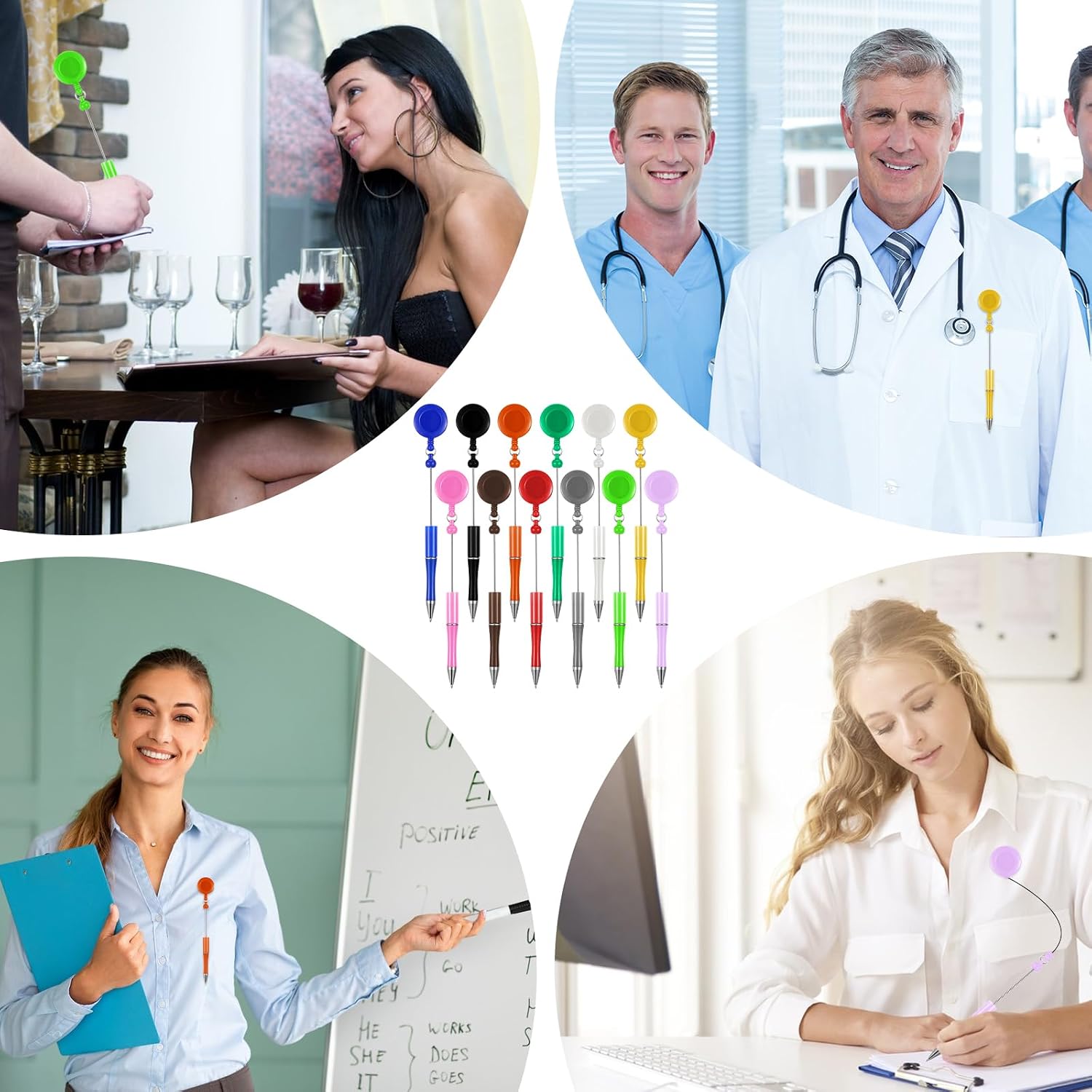 24 Pcs Beadable Pens Black Ink Bead DIY Retractable Badge Reel Pen Ballpoint Pull Clip for Waitress Nurse Office Worker Teacher Gift Supplies(12 Colors)
