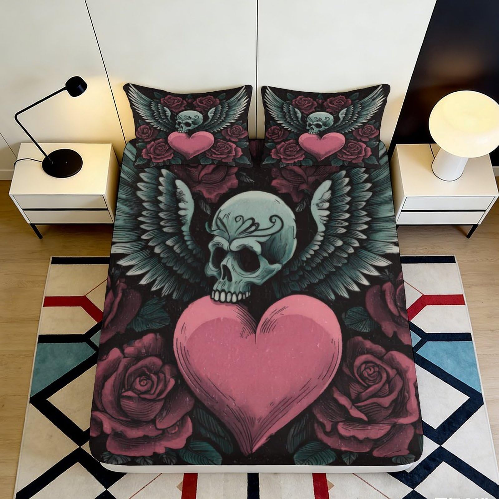 3D Printed Skull Heart Fitted Sheet Microfiber Anti-Slip Rose Wing Bed Cover for Bedroom Dorm Mattress Protection Decor 140x200x25cm