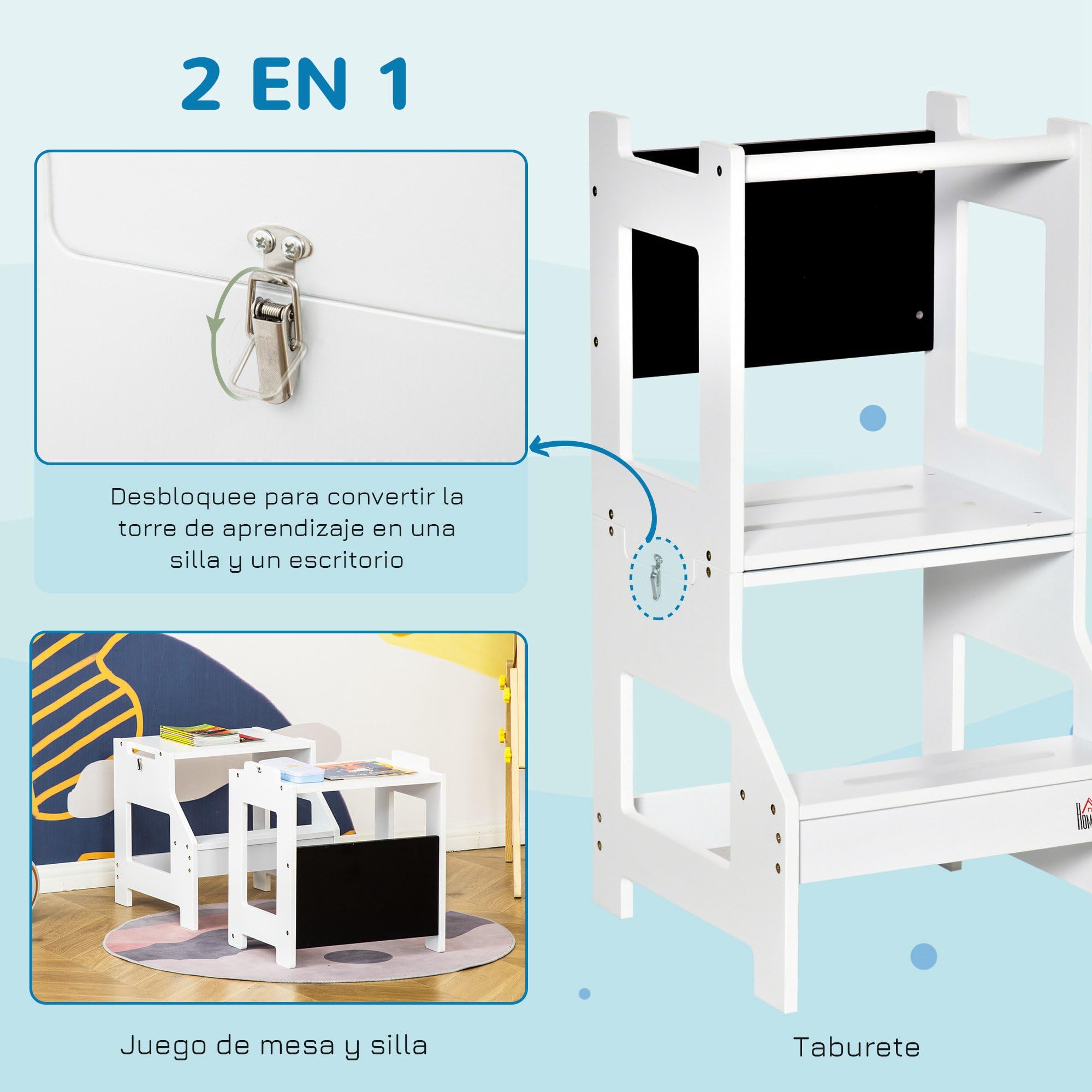 HOMCOM Torre de Aprendizaje 2 en 1 Taburete de Aprendizaje para Niños de +3 Años Convertible en Escritorio con Pizarra y Barra de Seguridad 42x44x86 cm Gris