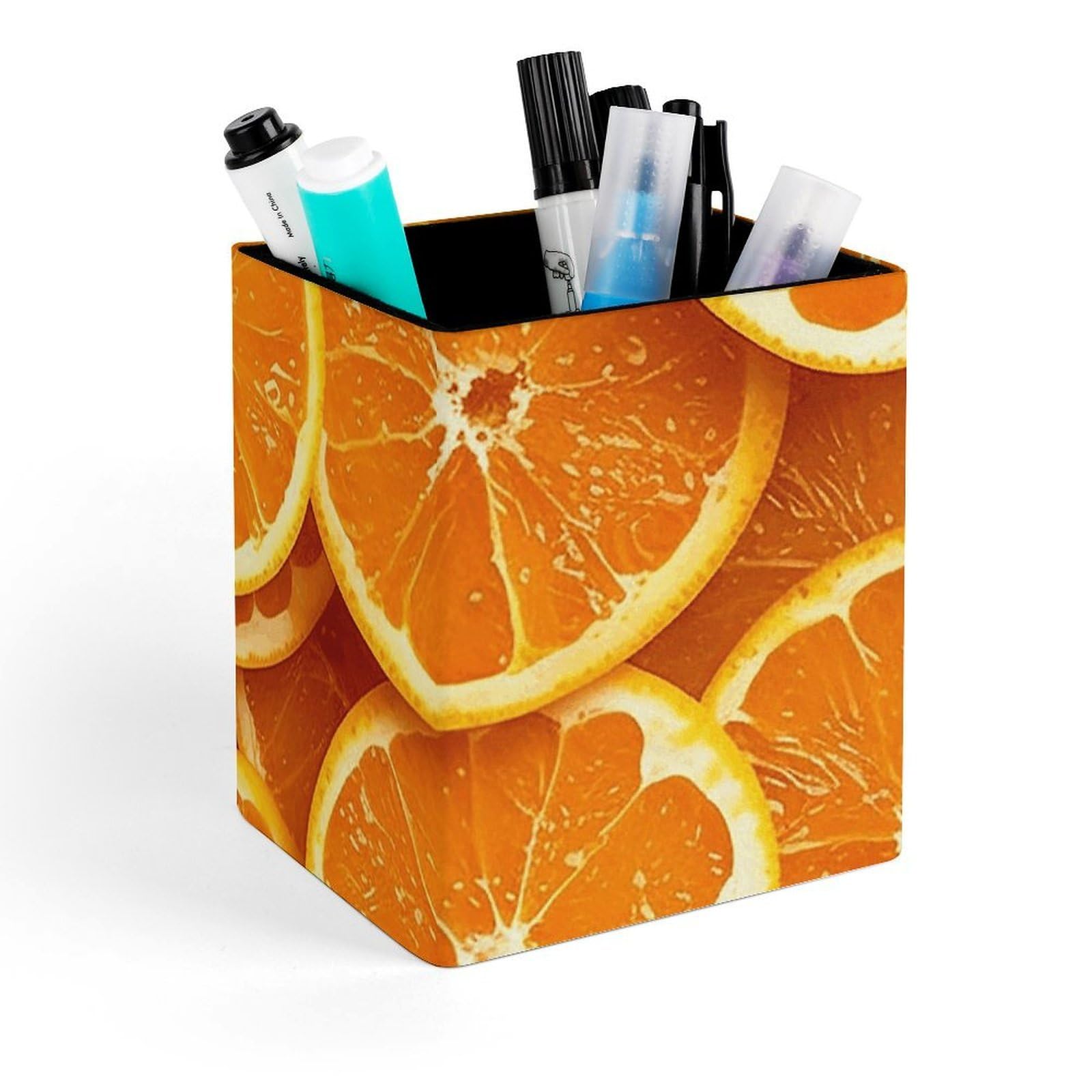 FekiLoot Orange Slices Pencil Holder Square Leather Pen Holder Cup Modern Multi-Functional Pencil Cup Holder Decorative Desk Organizer Caddy Makeup Brush Holders for Desk Office