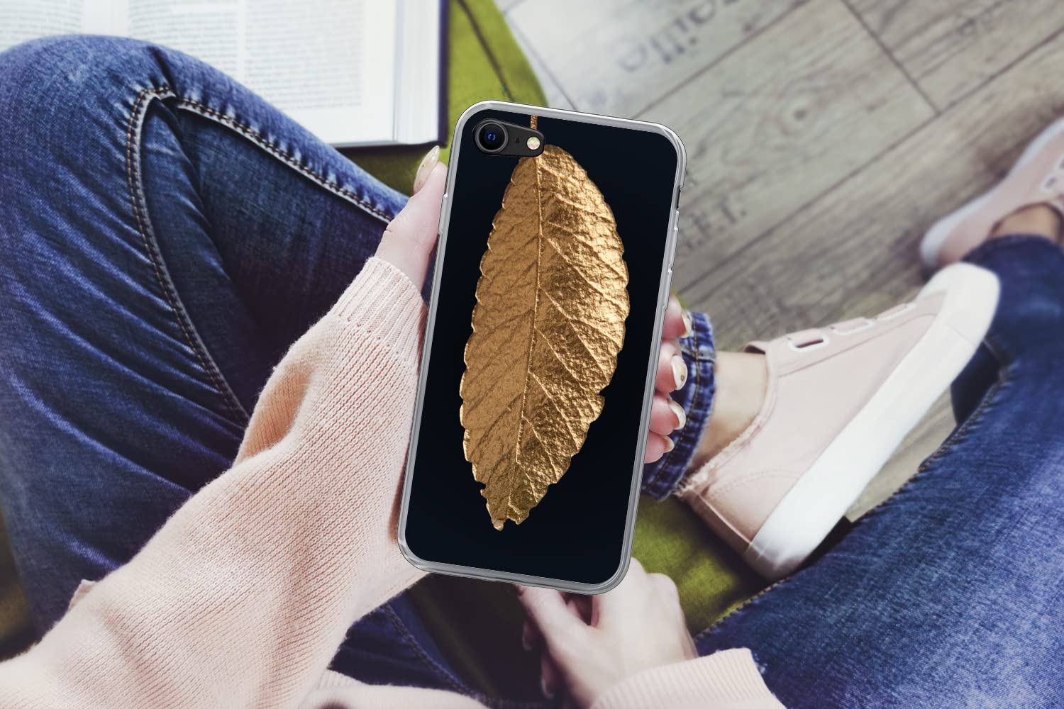 MuchoWow Funda para iPhone 8 - Hojas - Negro - Oro - Lujo - Naturaleza - Funda de Silicona/Funda Blanda para teléfono móvil