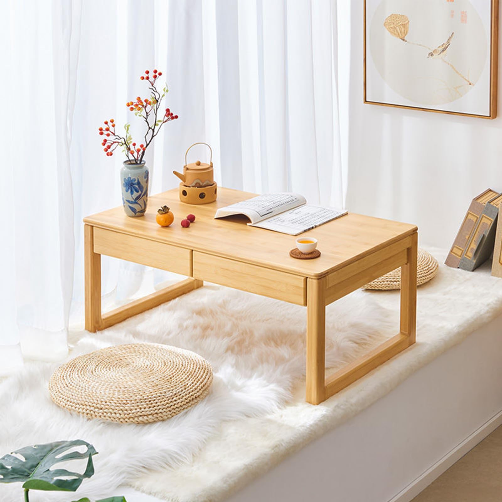 Tavolo da pavimento giapponese per meditazione, tavolino basso in tatami, piccolo tavolino da tè per camera da letto, balcone e sala da pranzo, design versatile, 70 x 42 x 30 cm