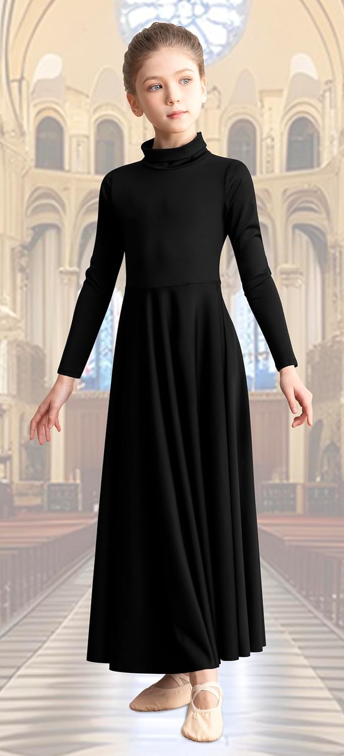 Girls High Neck Praise Dance Dress Loose Fit Full Length Long Sleeve Liturgical Dance Dress - Image 3