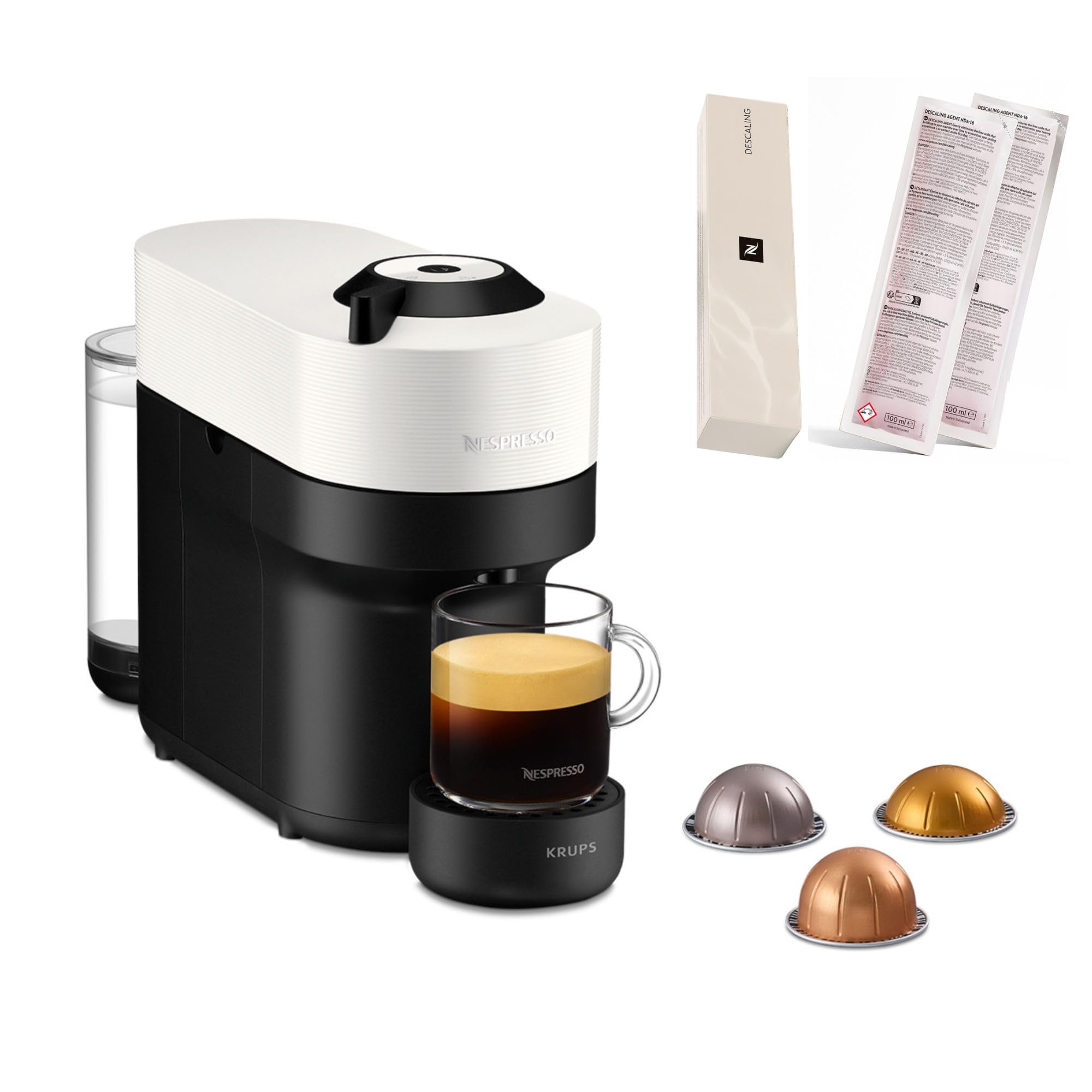 KRUPS Nespresso Vertuo Pop, Máquina de café para cápsulas, 0,56 L, Bluetooth y Wi-Fi, 1300 W, Incluye Kit Descalcificador, Blanco, XN9201DES