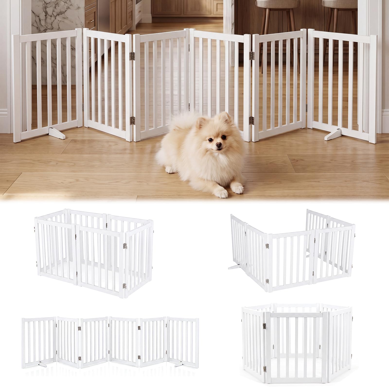 GYMAX 6-teilig Absperrgitter Hund, 61cm Hoch Schutzgitter aus Holz mit 360° Scharnieren & Dreibeinstand, Hundegitter, freistehendes Türschutzgitter für Türen, Treppen