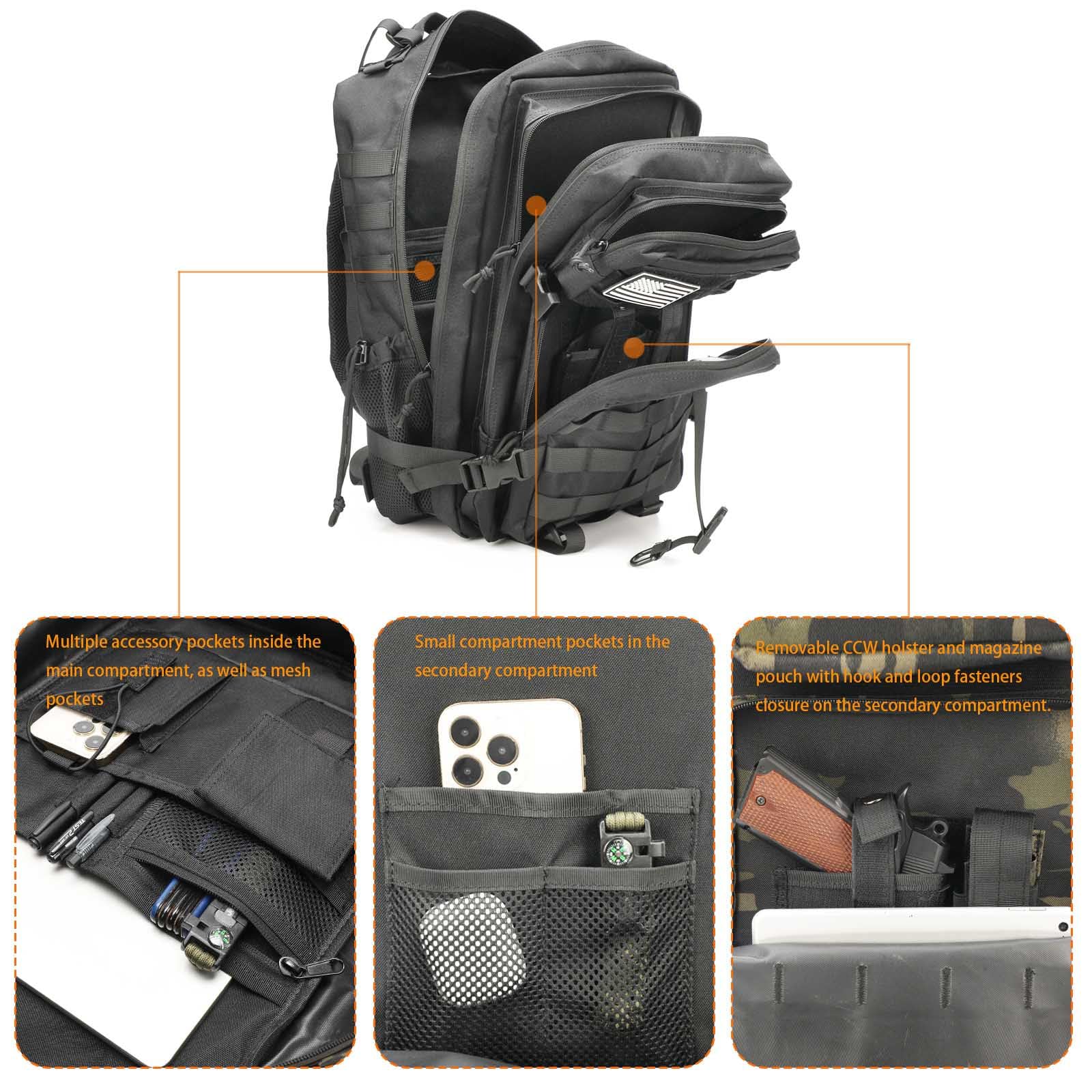 Mochila táctica W.Gun Holster para hombres, mochila militar de caza mochila de senderismo mochila de 3 días con bolsillo lateral, Negro mejorado., Tamaño único, Mochila táctica de asalto 5